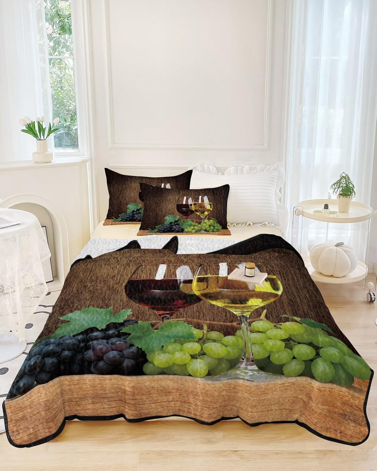 Full Size Quilt Set, Farm Grape Wine Glass Lightweight Bedspread Coverlet Set Soft Microfiber Summer Quilt with 2 Pillow Shams, Farmhouse Vintage Wood Board 3 Piece Comforter Bedding Set
