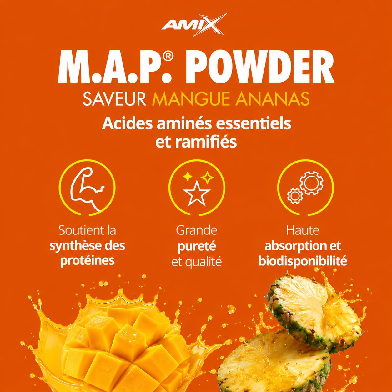 AMIX Map Muscle Muscle Amino Power - Essential Amino Acid Sports Supplément - Favorise la Synthèse des Protéines Post-formation et Améliore la Masse Musculaire - Mangue - Ananas - 344 g