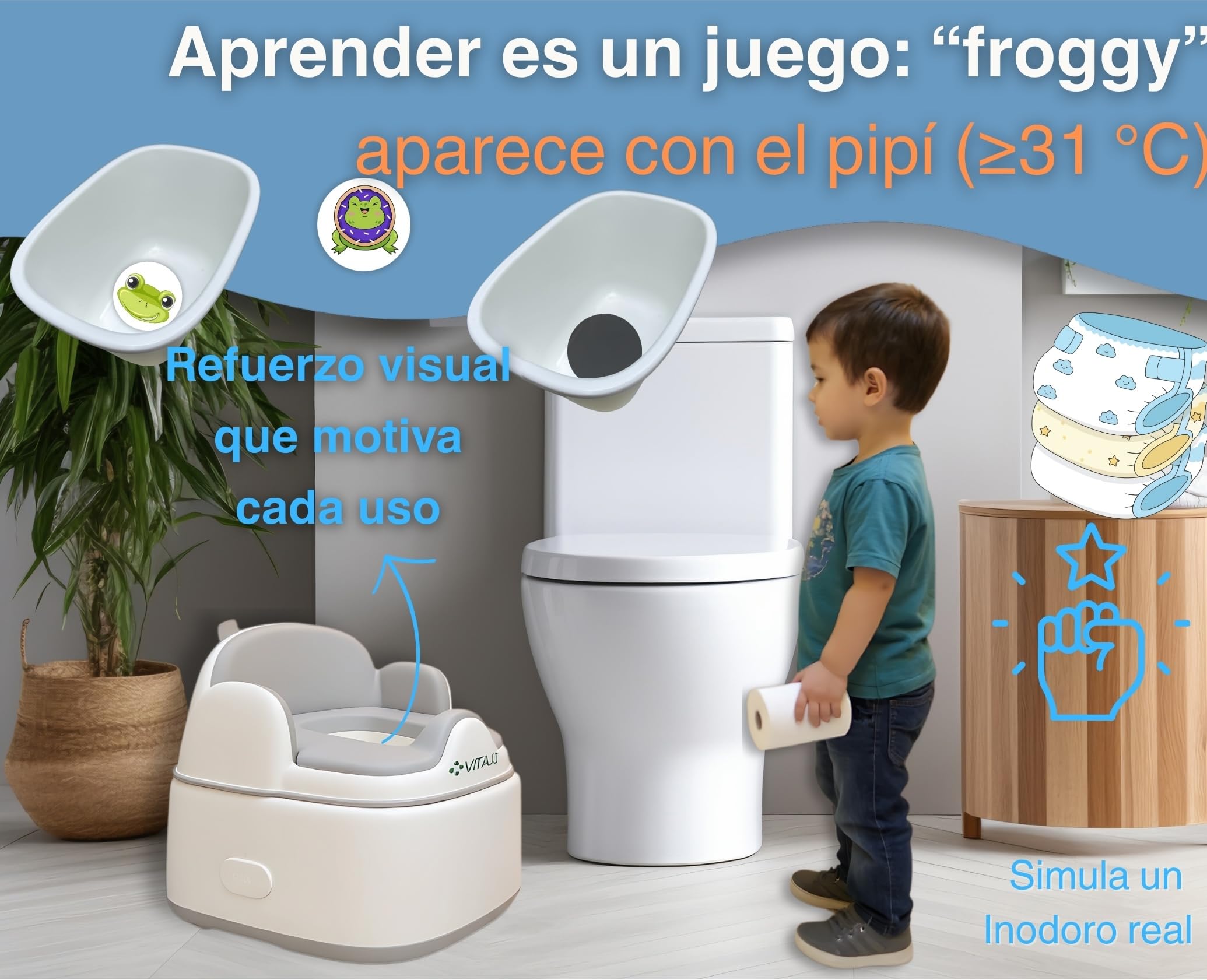 Orinal Bebé 3 en 1 Plegable | Reductor WC, Taburete y Orinal con Sticker de entrenamiento | Antideslizante, Portátil, Suave y Ergonómico | ideal de 1–6 Años