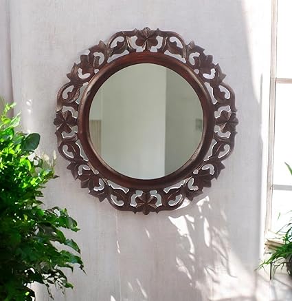THE URBAN STORE MR45BR Decorative & Handcrafted Distressed Brown Finished Wooden Wall Mirror, 16 x 16 Inch (Brown)