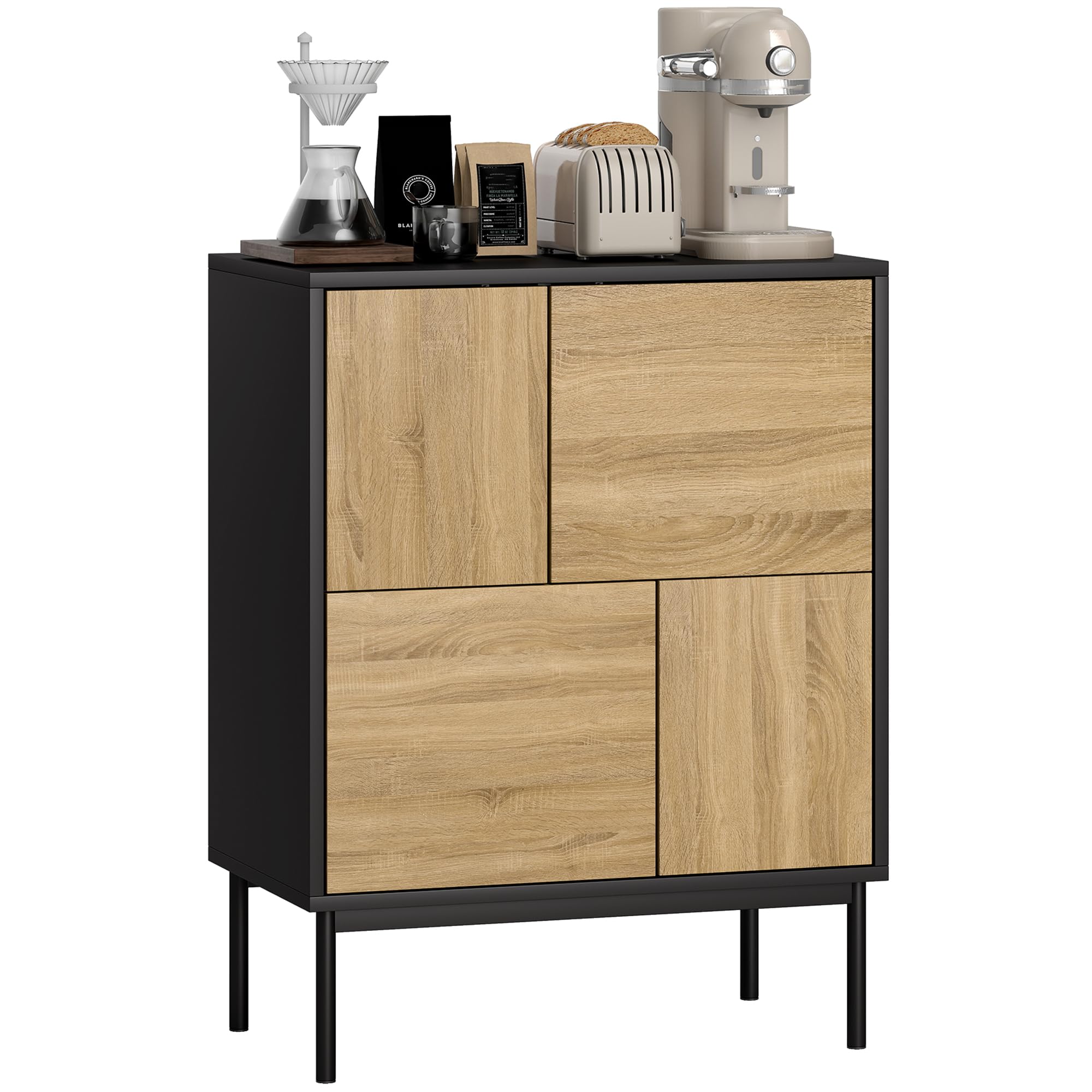 HOMCOM Buffet Salon Meuble Bas 60 x 35 x 78 cm Noir et Effet Bois Naturel | Meuble de Rangement, Armoire de Cuisine, Portes à Pousser, 4 Placards, Style Moderne, Buffet Salle à Manger et Salon