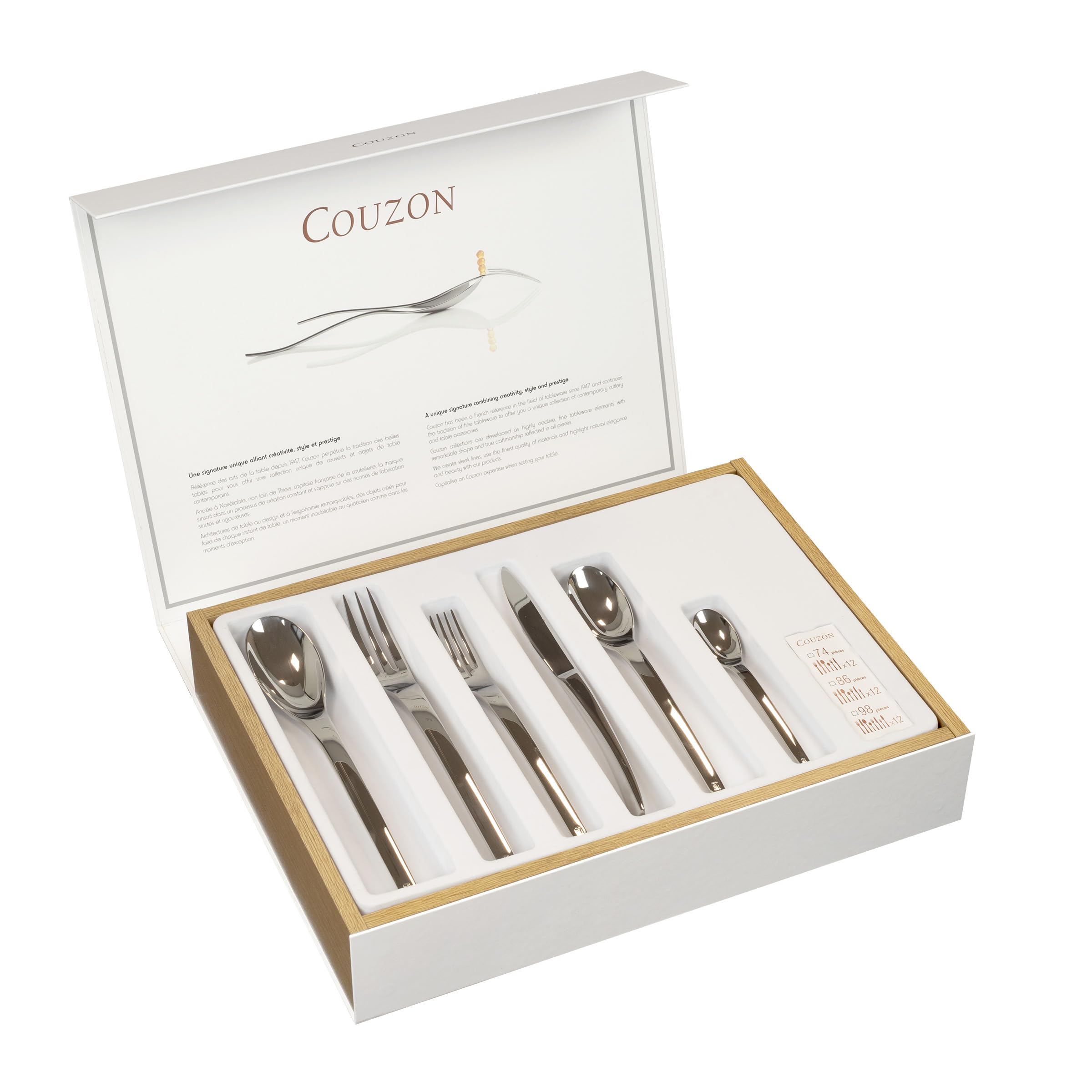COUZON Alkaline Cubertería de 74 Piezas en Estuche de Madera, Acero Inoxidable, Plateado