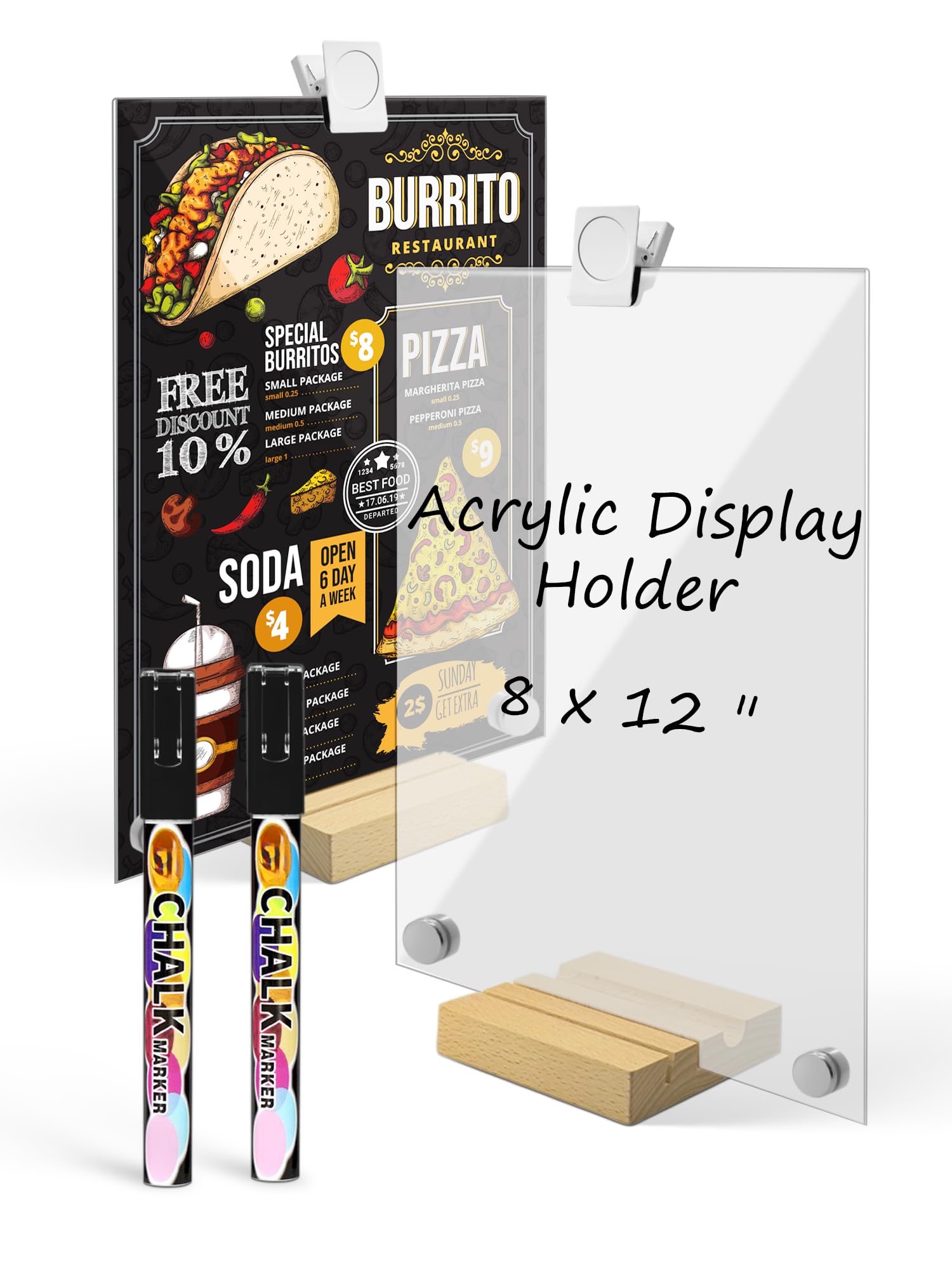 Small Magnetic Dry Erase Board for Refrigerator, 2 Pack Desktop Clear Acrylic Menu Holder with Stand, 8 x 12 Inch Flyer Display Stand for Restaurants, Office, Store