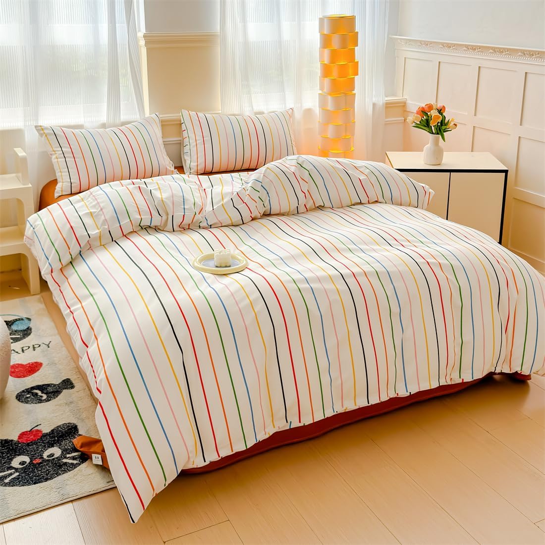 LIWHENHAO Rainbow Striped Duvet Cover Set Twin 100% Cotton Bedding Colorful Blue Red Black Yellow Black Stripe on White 1 Modern Abstract Geometric Comforter Cover 2 Pillowcases for Kids Girls Boys
