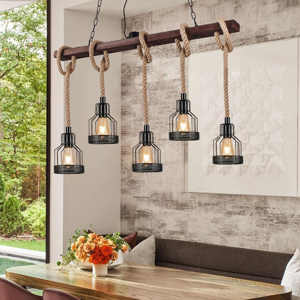 5 Lights Industrial Wooden Vintage Pendant Lamp Metal Chandelier Retro Ceiling Light Farmhouse Hanging LightingHeight Adjustable Fixture Height Adjustable Fixture for Pool Table Kitchen Island Bar