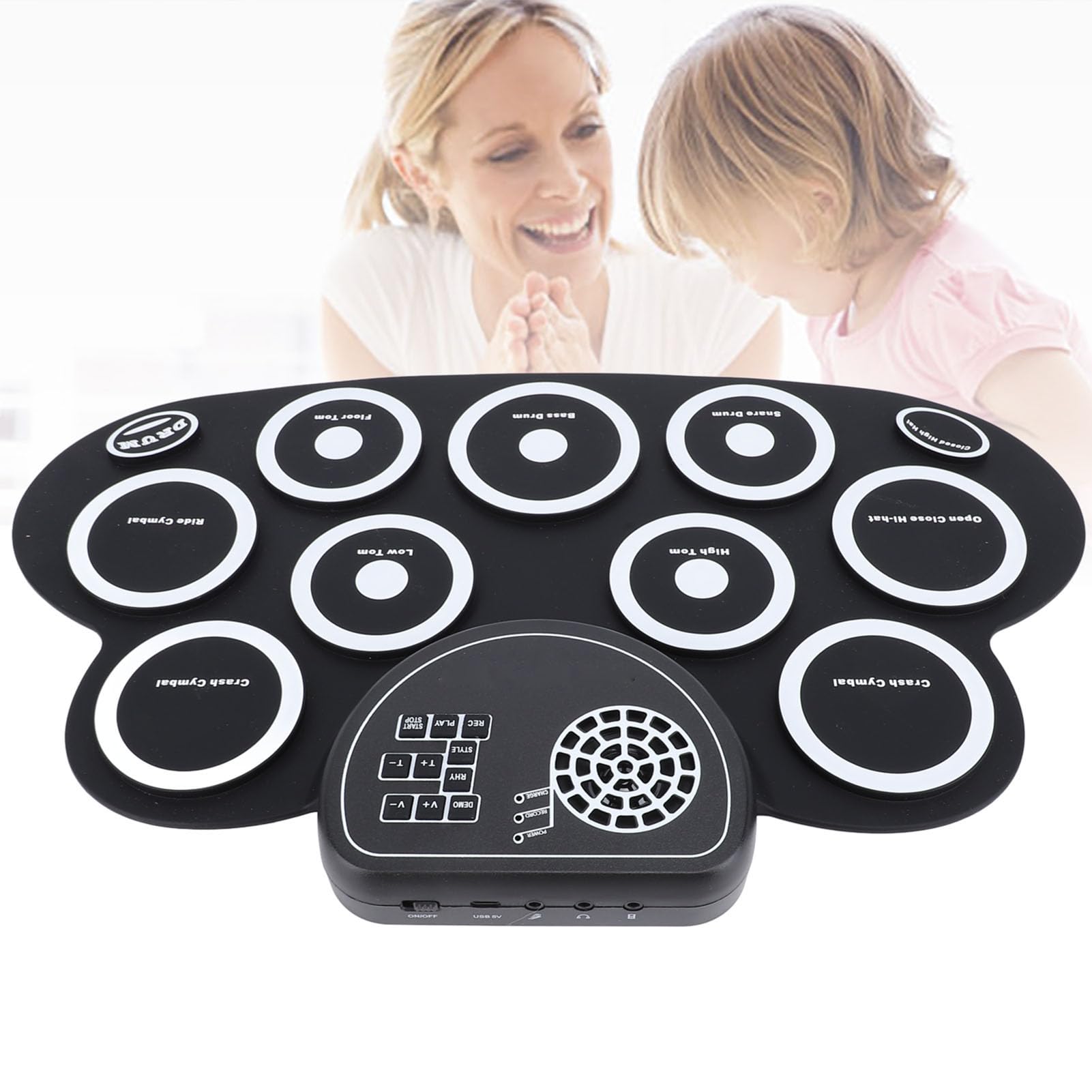 Set de pads electrónicos para batería enrollables, kit de batería eléctrica recargable con altavoz integrado, tambor de práctica de silicona con doble pedal para principiantes y