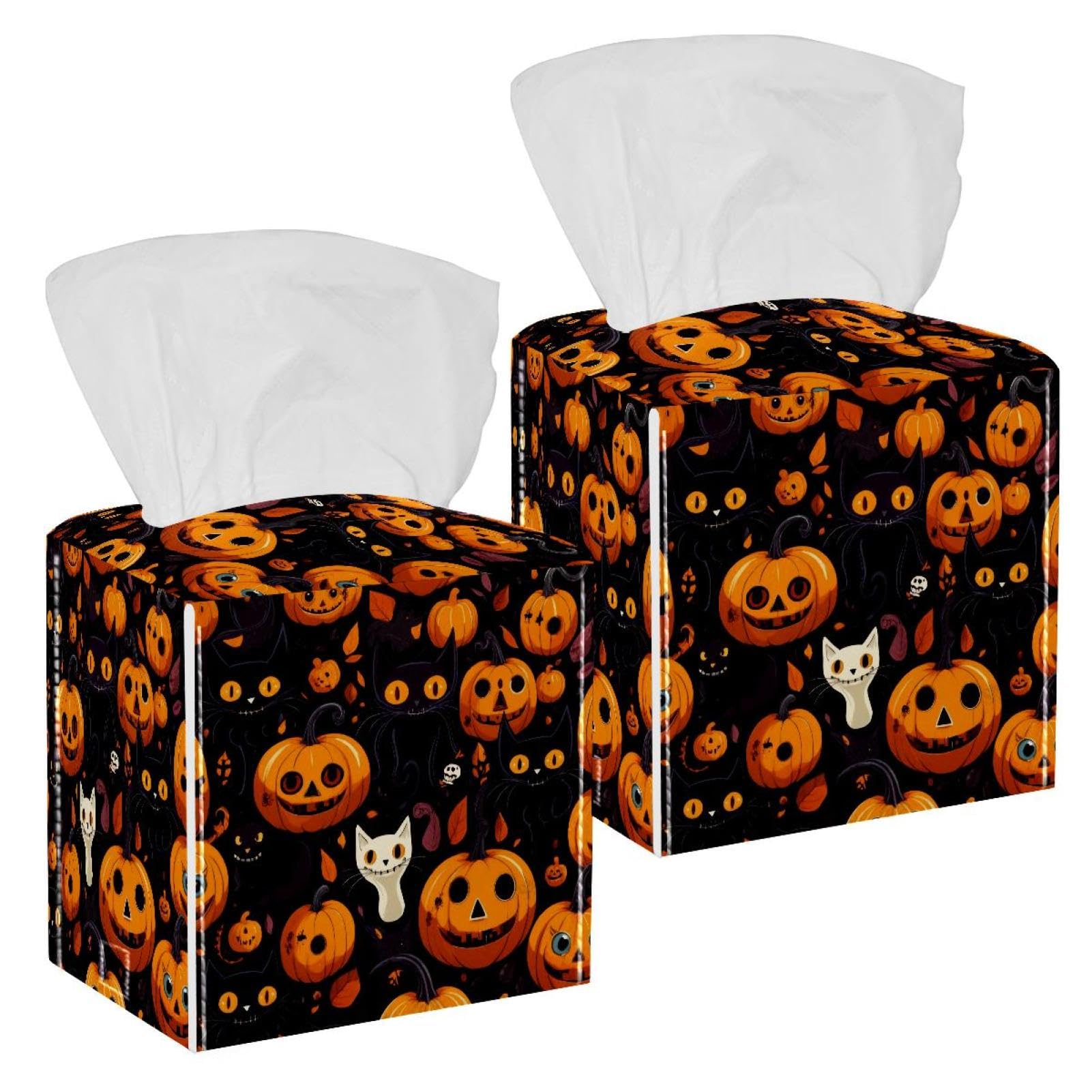 Halloween Pumpkin Cat Skull Tissue Box Cover, 2 Pack PU Leather Square Facial Tissue Dispenser Box holder for Home Office Car