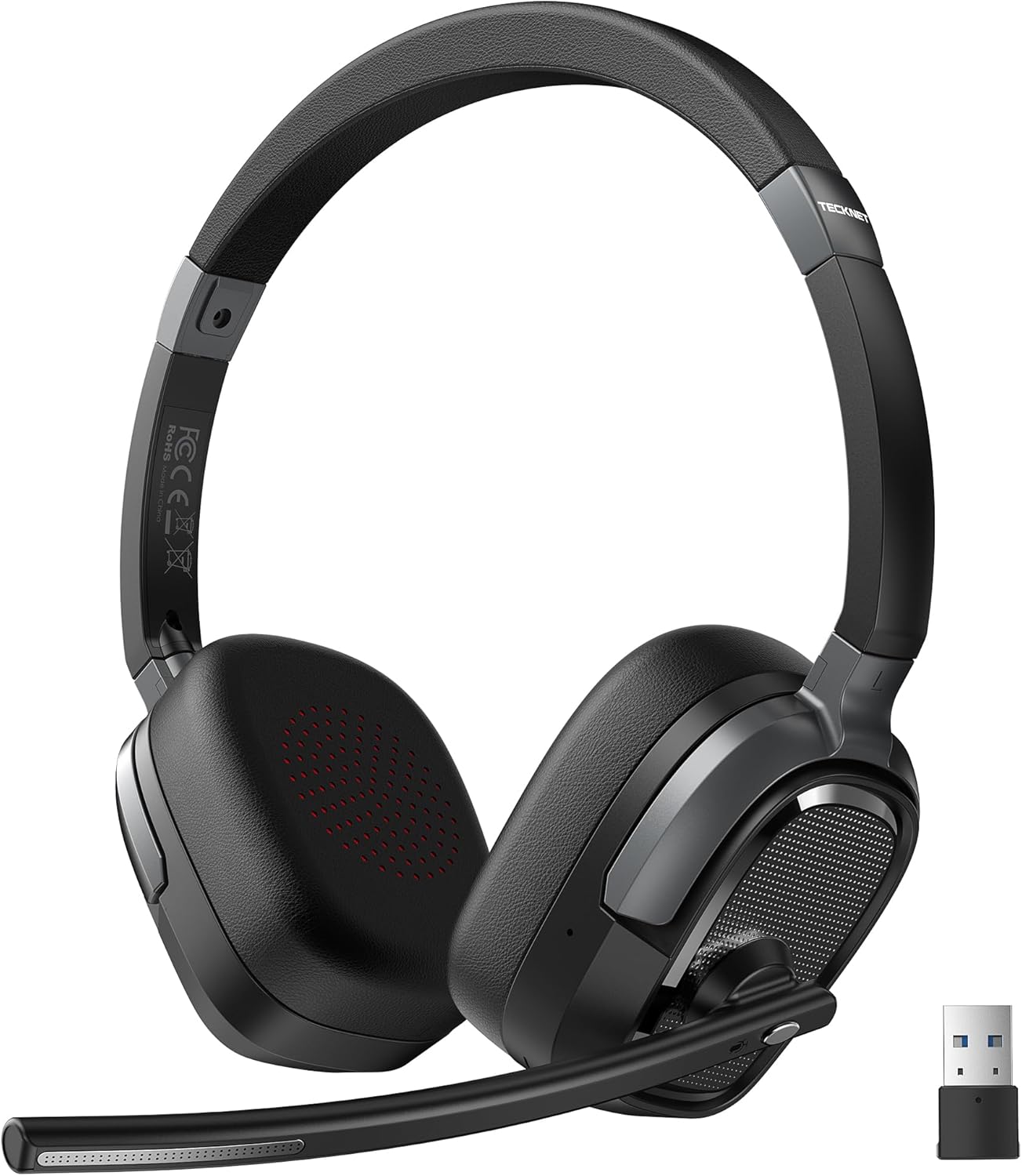 TECKNET Wireless Headset with Mic for Work, V6.0 Bluetooth Headset with AI Noise-Cancelling Microphone & USB-A Dongle, 50H Playtime & Mute, On-Ear Headphones for PC, Laptop, Phone, Office & Trucker