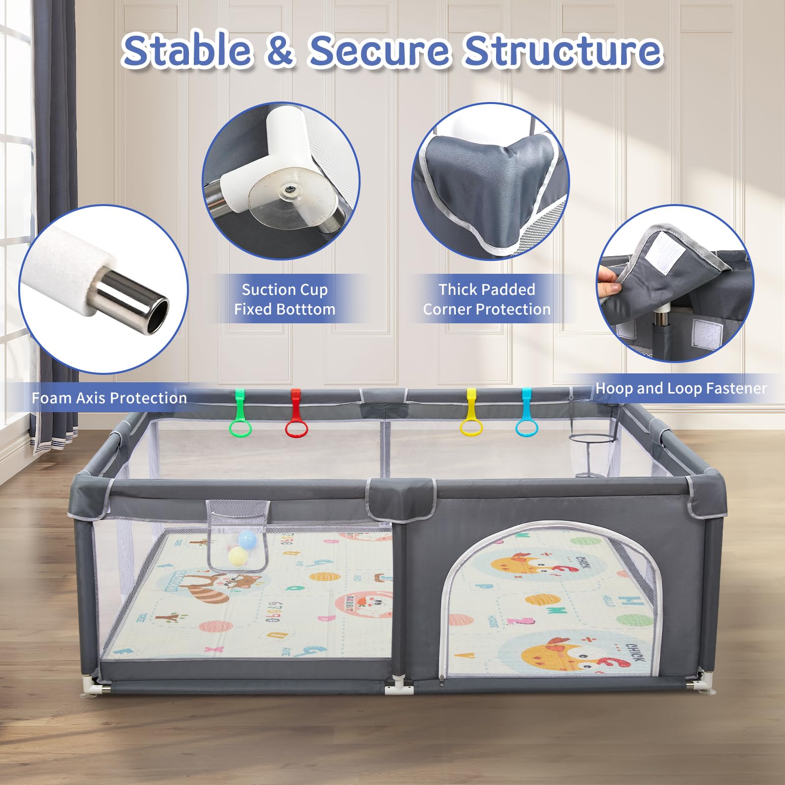 CHOLY Box per bambini 150 x 180 cm, con rete traspirante visibile, parco giochi extra grande (grigio scuro con tappetino da gioco B, 150 x 180 cm)