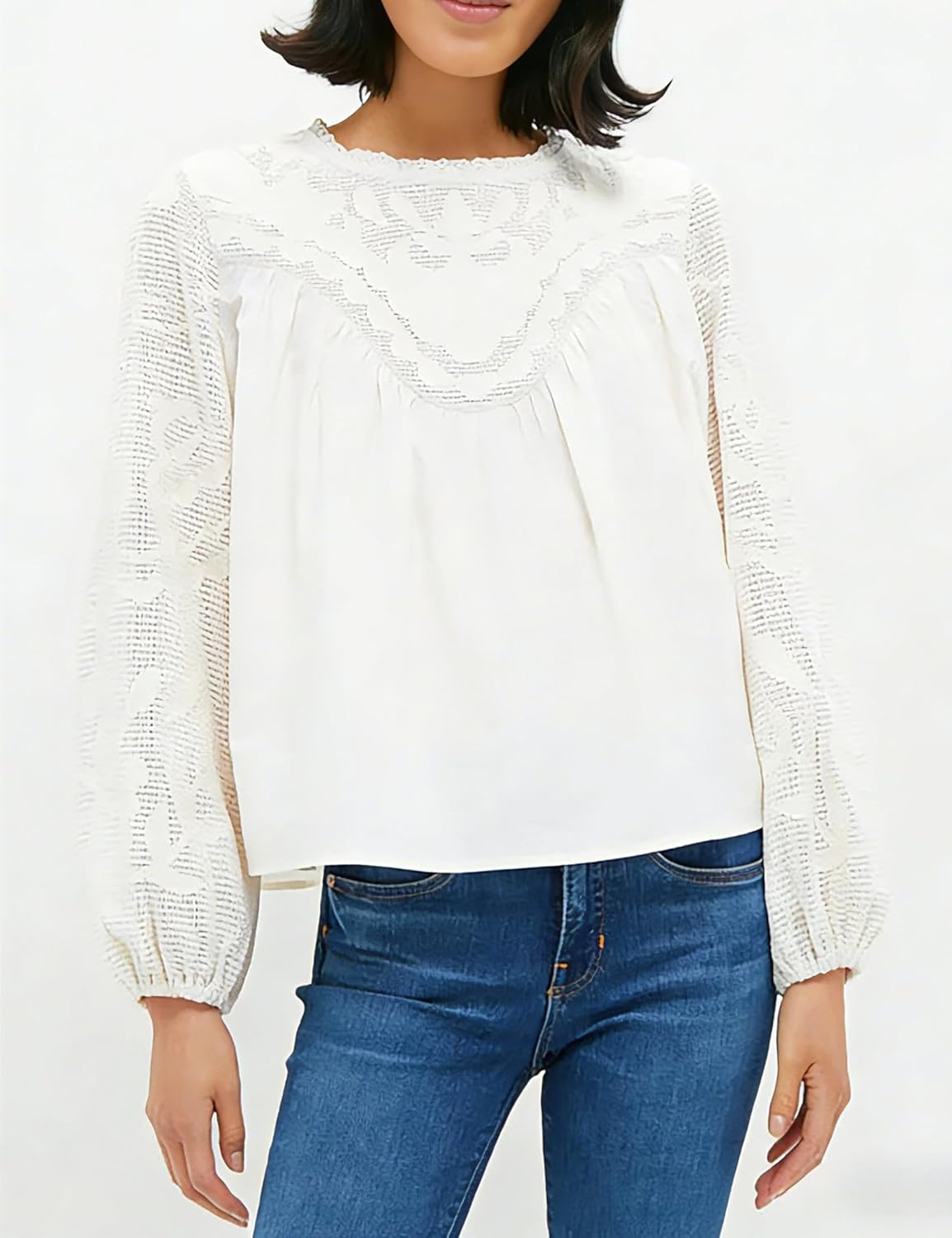 Women's Long Sleeve Lace Blouses Crew Neck Embroidered Mesh Lace Shirt Flowy Patchwork Babydoll Tops