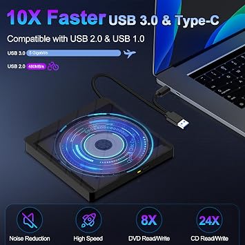 8-in-1 External CD DVD Drive for Laptop USB 3.0 Type-C Slim Portable Player