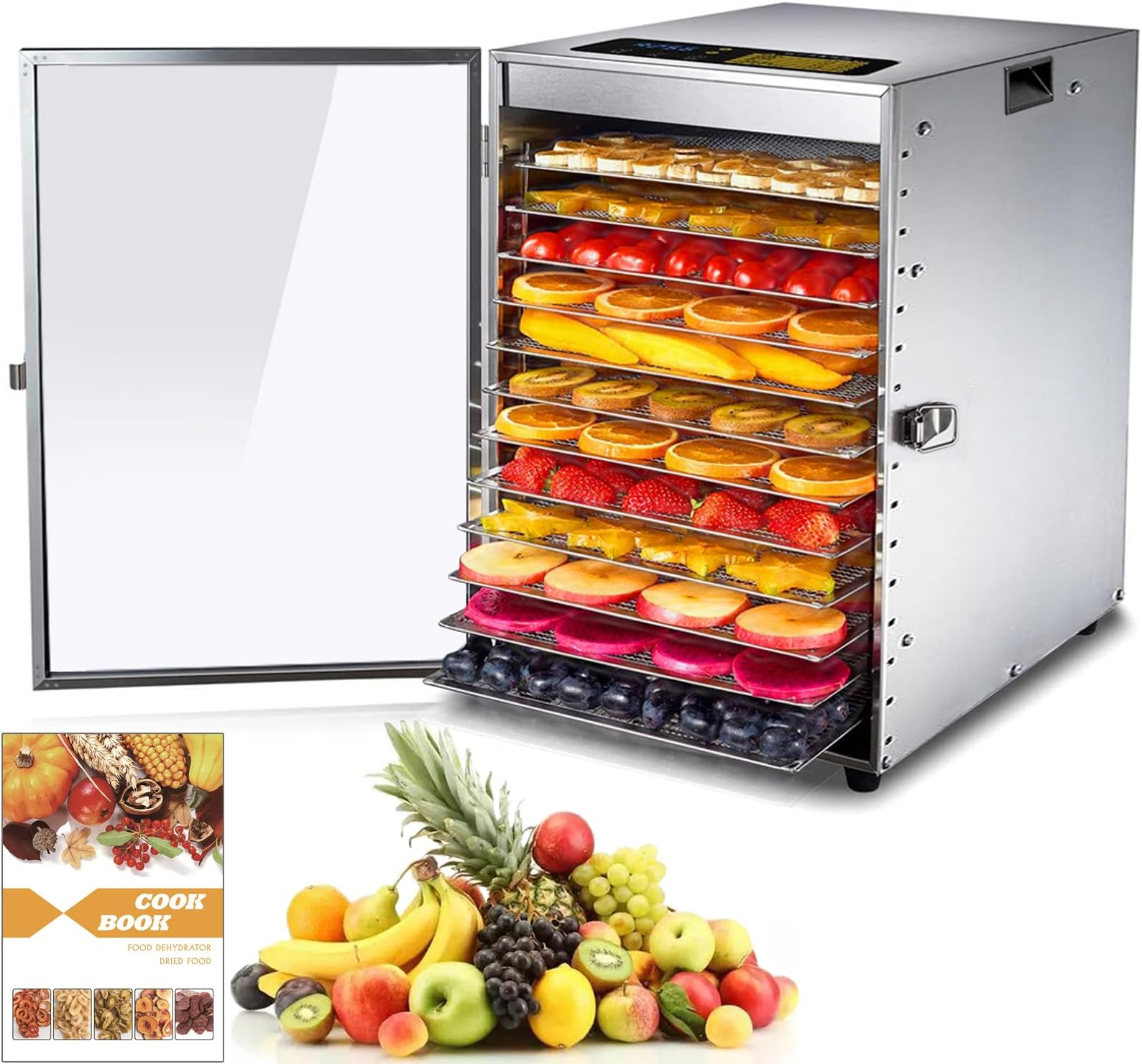 Food Dehydrator 12 Trays Stainless Steel, Food Dryer Machine for Fruit, Meat and Vegetables, with 68-194 ℉ Adjustable and 0~24 Hours Digital Time Control, Silver