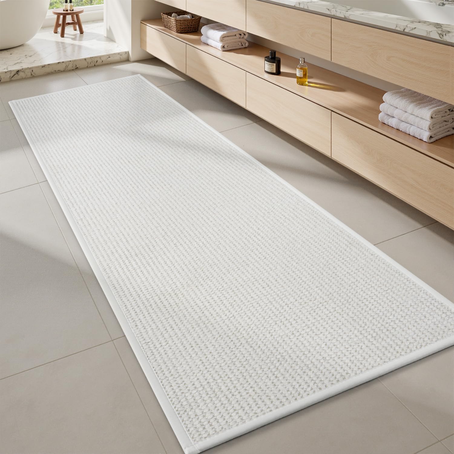 MontVoo Bathroom Runner Rugs,Chenille Absorbent Bath Mat Runner Quick Dry Rubber Backed Bath Runners Non Slip Washable Long Bathroom Rugs,Ultra Thin Bath Rugs Fit Under Door,24"x47",White 24"x47" White