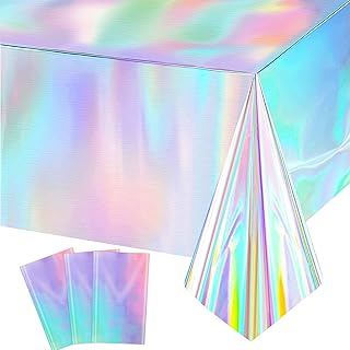 PHOGARY 3 Pack Iridescence Tablecloths for Iridescent Party Decorations, Holographic Foil Table Cloth Disposable Plastic Rectangle Shiny Laser Table Cover for Birthday Wedding Disco Party 54" x 108"