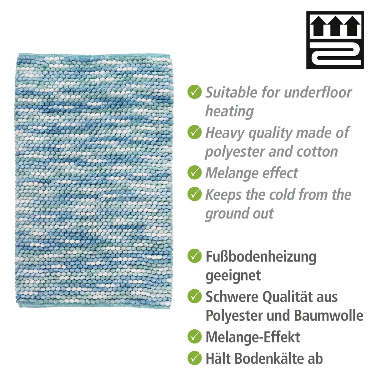 WENKO Badteppich Urdu Aqua, Badmatte im modernen Melange-Effekt, Badvorleger in schwerer Qualität, absolut fusselfrei, hohe Feuchtigkeitsaufnahme, schnelltrocknend, waschbar, rutschhemmend, 60 x 90 cm