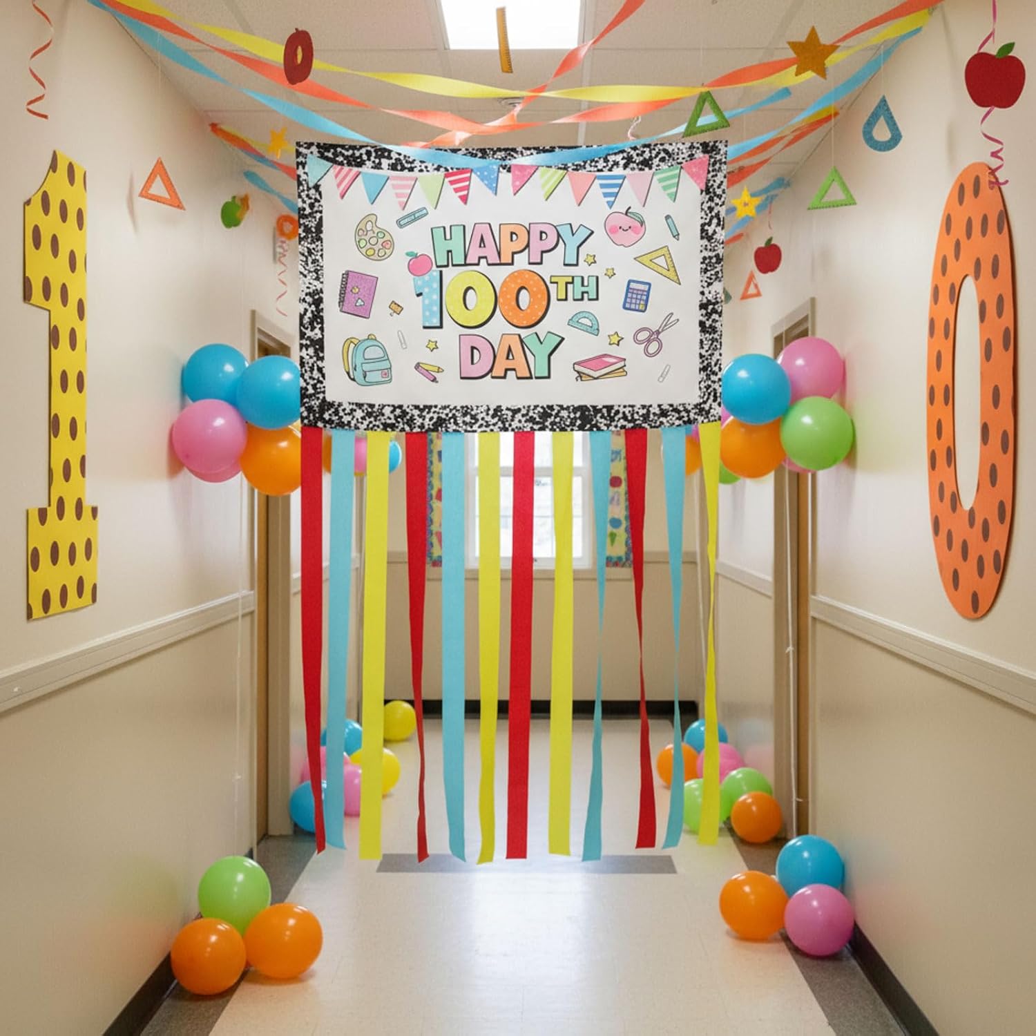 Ctosree 100th Day of School Door Banner Happy 100 Days Porch Sign for Kindergarten Preschool Primary School 100th Party Supplies Wall Hanging Decor Outdoor Indoor(White,Composition Notebook)