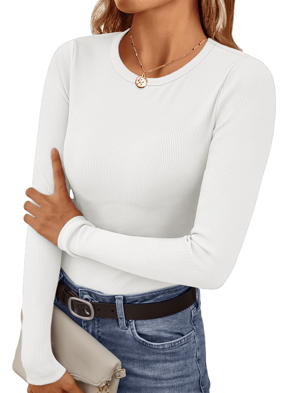 Ekouaer Womens Long Sleeve Shirts Crew Neck Fitted Ribbed Tops Basic Base Layer Soft Thermal Undershirts Tee White M