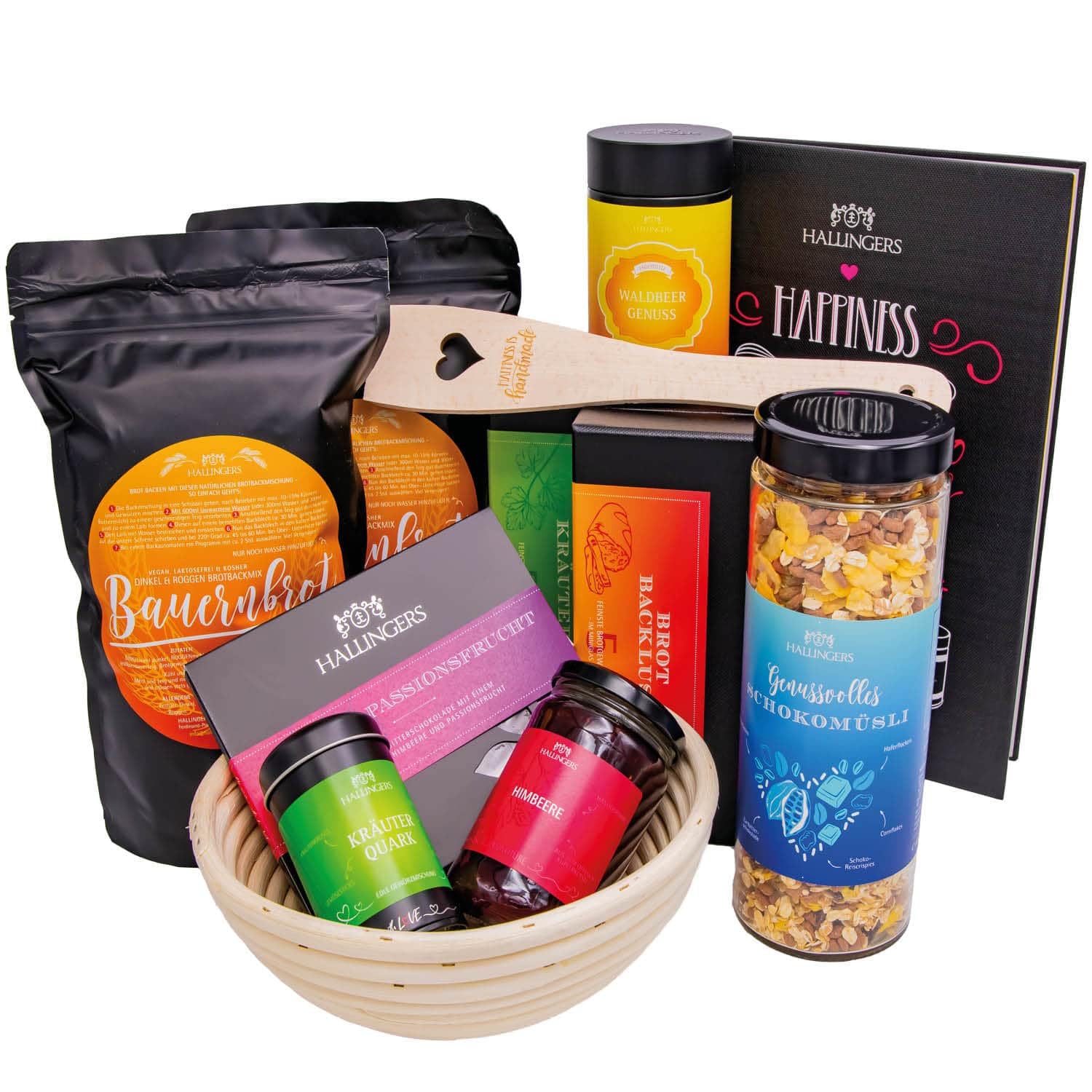 Hallingers Genuss Manufaktur Feinkost Geschenk-Set - XXL-Geschenkkorb "Bread & Breakfast" Selektion Brotbackmix, Kochbuch, Tee, Müsli, Gewürze, Konfitüre & mehr, Geschenkidee für Frauen Männer