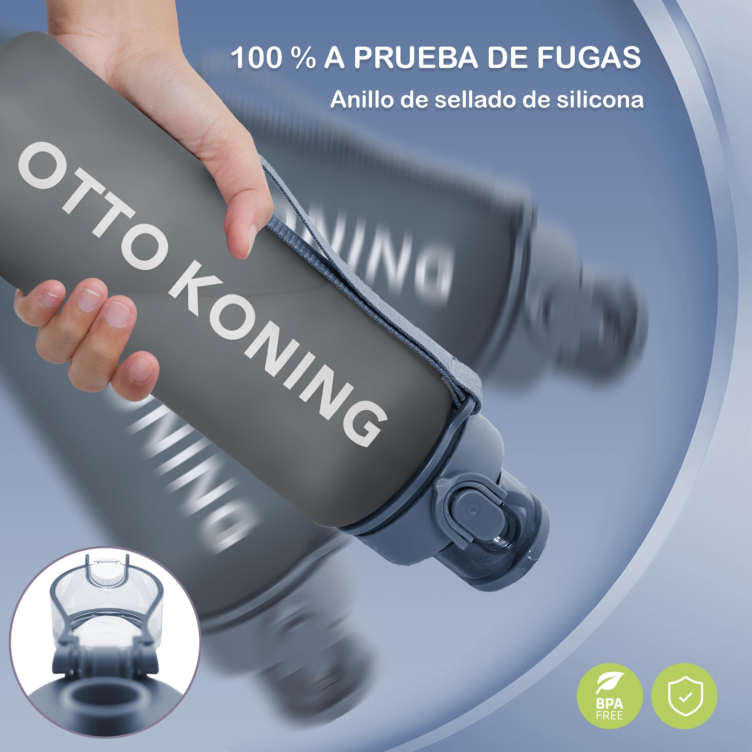 Otto Koning Botella Agua 1L Deportiva Sin BPA Hermética Boca Ancha Correa Resistente Reutilizable