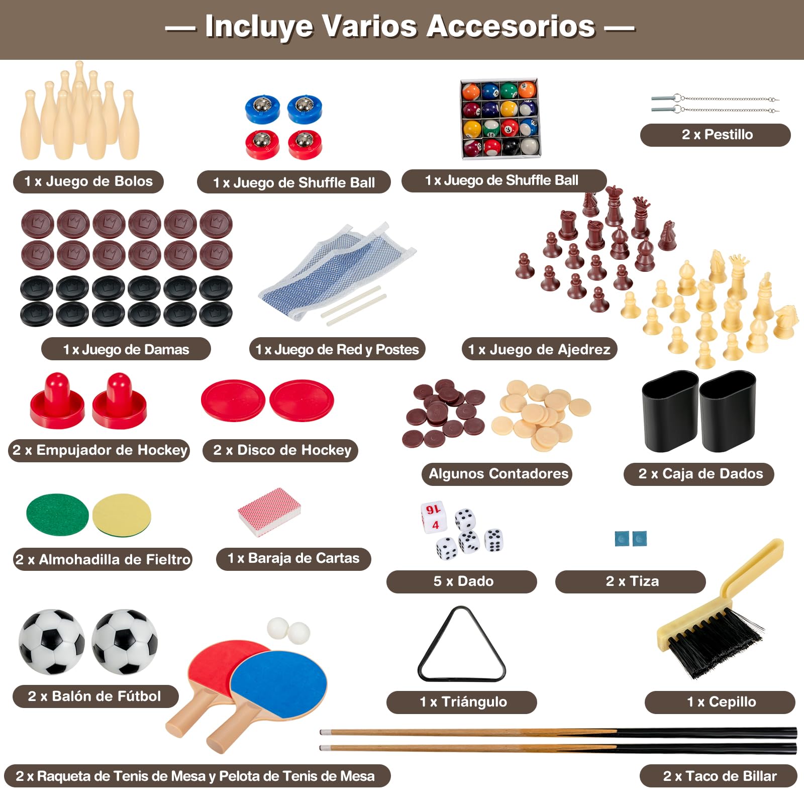 COSTWAY Mesa Multijuegos 10 en 1, Mesa de Juego Combinada con Futbolín, Hockey, Tenis de Mesa, Billar, Shuffleboard, Bolos, Ajedrez, Cartas, Damas y Backgammon, para Sala de Juegos, Bar, Club, Fiestas