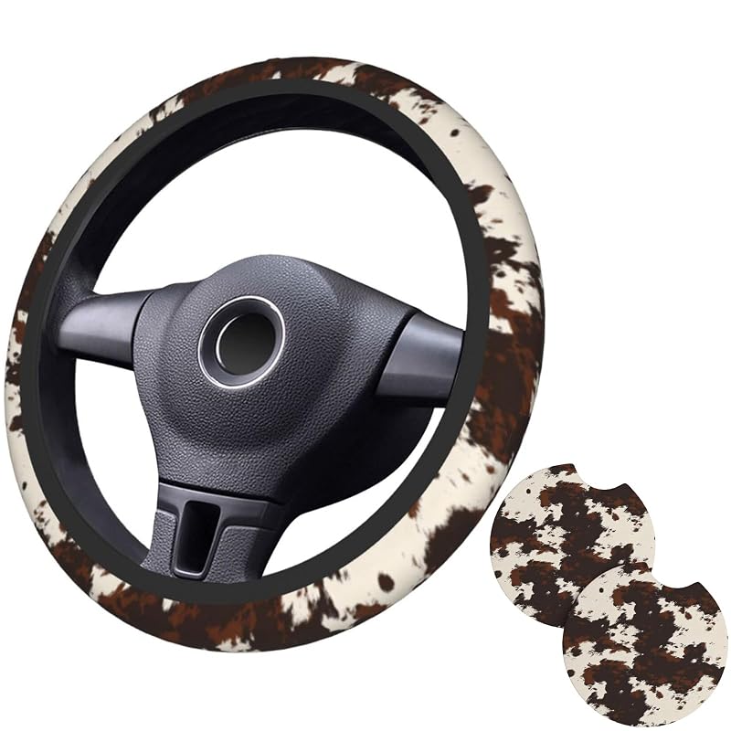 Capa para Volante Estampa de Vaca em Neoprene com Porta-copos, para Volantes de 37–39 cm, Sanghing, Kit com 3 peças