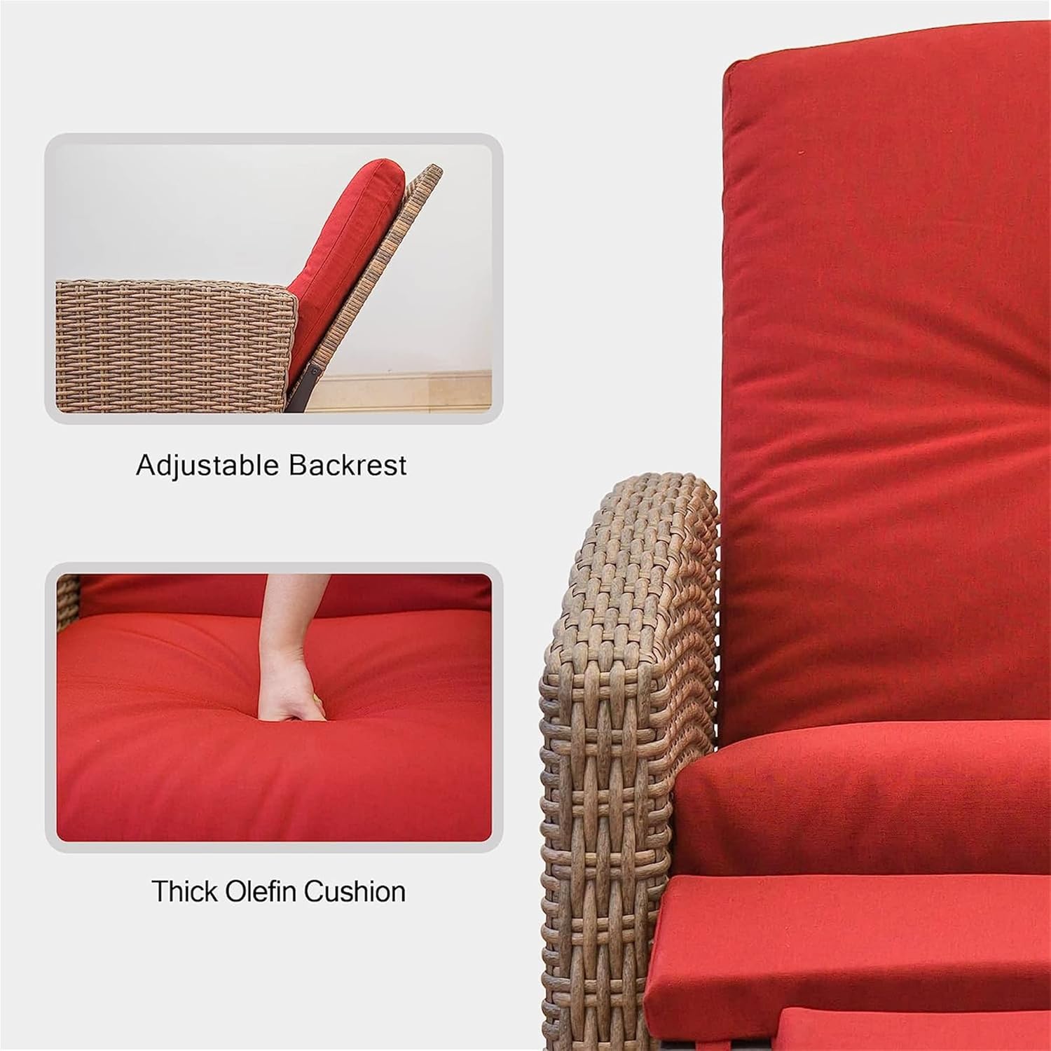 GOWE Indoor & Outdoor Recliner, All-Weather Wicker Reclining Patio Chair, Red Cushion (Red,1 Chair)