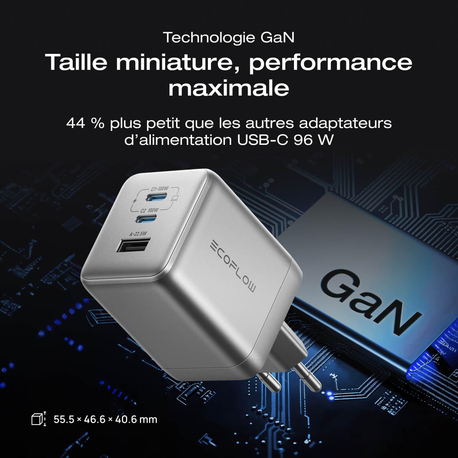 Chargeur EF EcoFlow Rapid Pro 100 W, 3 Ports, GaN, USB-C 100 W (Max), Chargeur Multi-appareils 3 en 1, GaN, Compatible iPhone 16/15, Samsung, MacBook, etc.