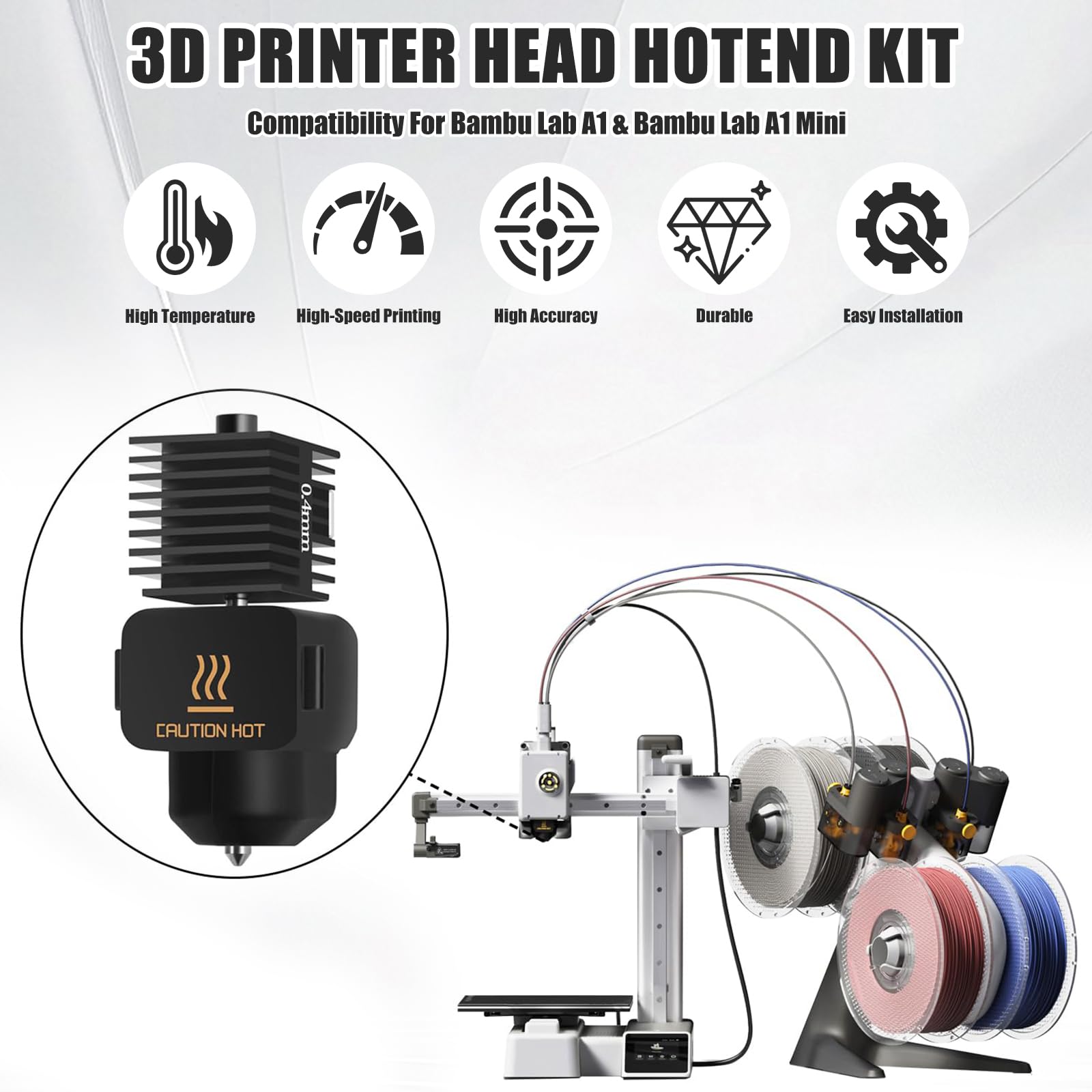 Zestaw ulepszający Hotend dla Bambu Lab A1/A1 Mini, głowica drukarki 3D 0,4 mm, zestaw grzejnika z nagrzewnicą z wymiennymi hartowanymi stalowymi dyszami 0,2 mm/0,6 mm i skarpetkami silikonowymi dla