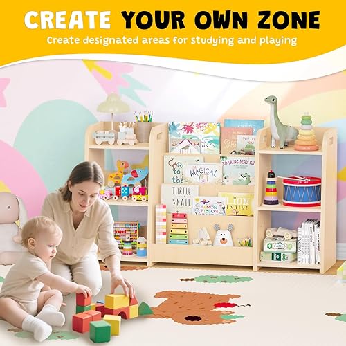 Miniatura 4 de Montessori Estantería y organizador de almacenamiento de juguetes para niños, estantería de madera de 3 niveles con 2 estantes de almacenamiento,