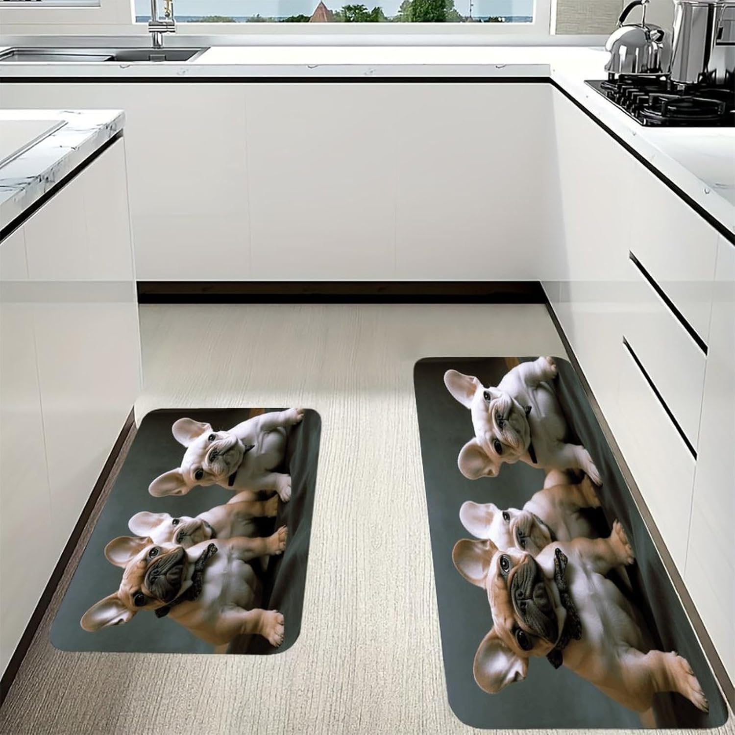 French Bulldog Puppies Kitchen Mat Washable Non Slip Rugs Soft Kitchen Mats for Floor Set of 2 PCS Cushioned Absorbent Runner Standing Rugs for Home Sink Laundry Office