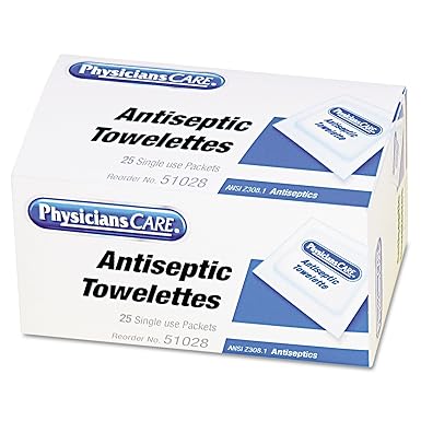 PhysiciansCare First Aid Antiseptic Towelettes, Box of 25 Individually Wrapped