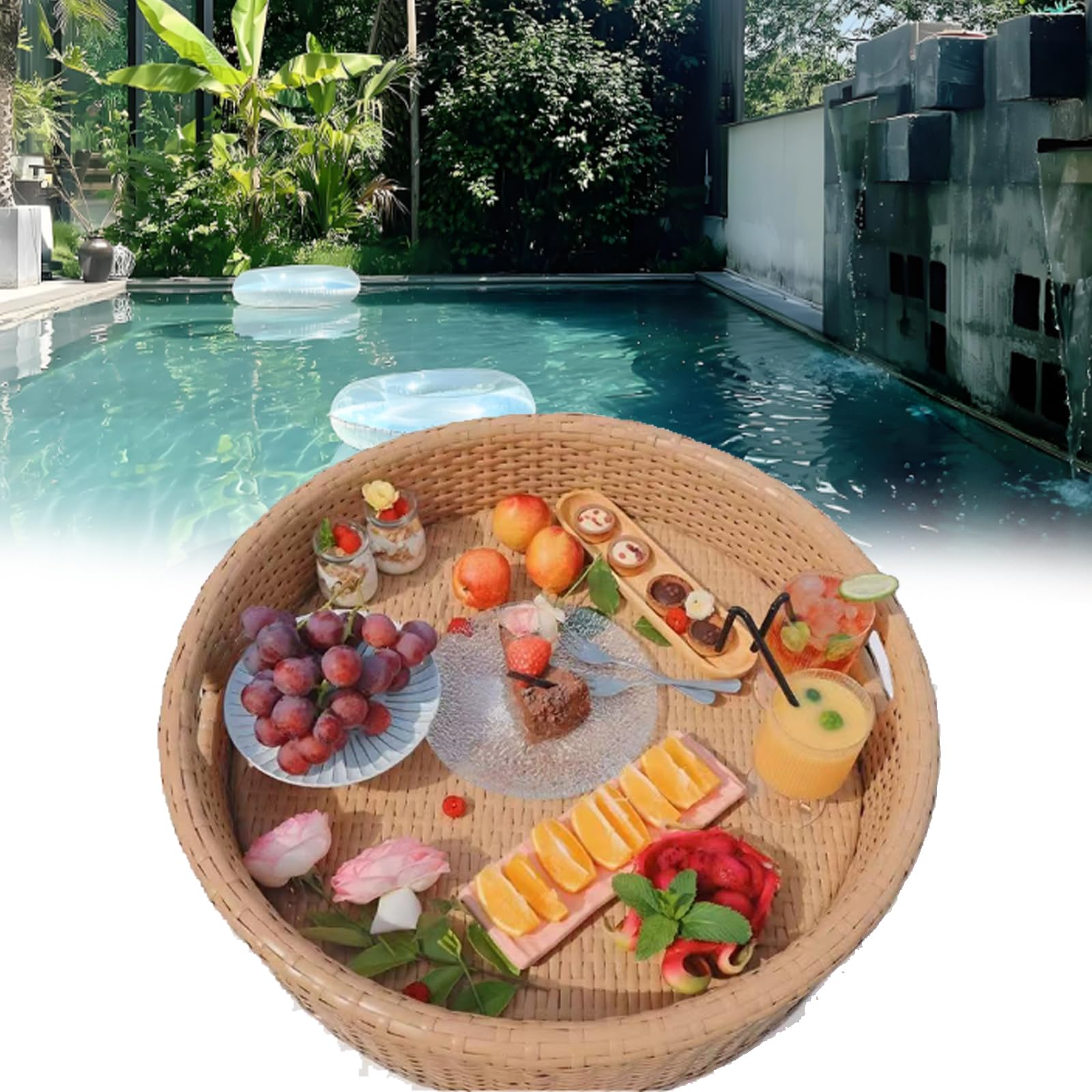 Plateau Flottant pour Piscine (60/80 Cm), Tissage Manuel, Structure Stable, avec Poignées, Facile À Déplacer, pour Hôtel Thermal Et Station Balnéaire D'été,80 cm,Apricot