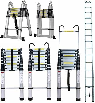 Aluminium Folding Ladder 16.5FT Telescoping Extension Ladder A Frame, 2.5+2.5M Foldable Ladder 330 lb Max Load Capacity for Outdoors & Indoors