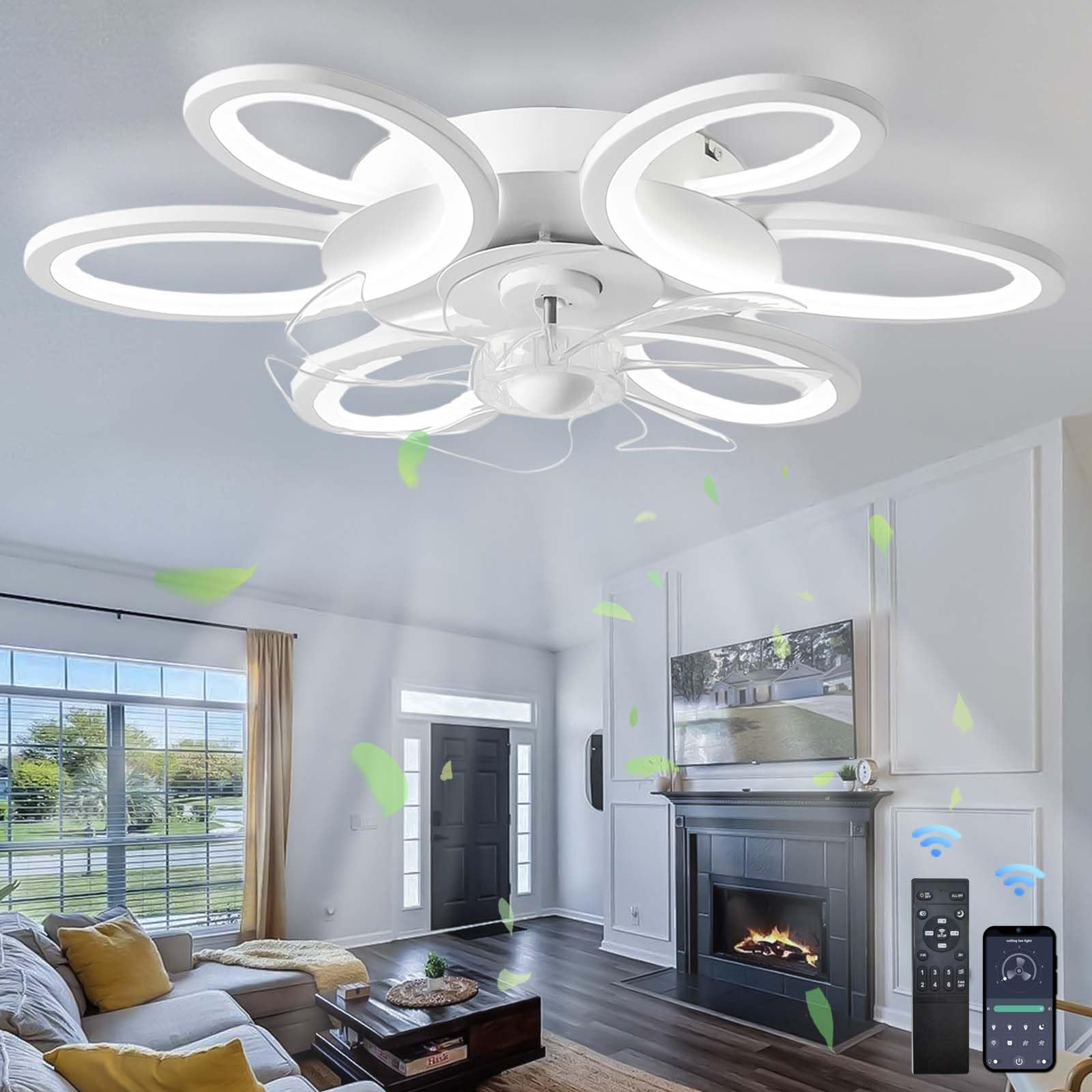 HXYSXHJUO LED Ceiling Fans with Lights and Remote, Lamps, Reversible DC Motor，Summer & Winter Reversibledimmbar 6 Speeds,Quiet Fan for Bedroom, Kitchen