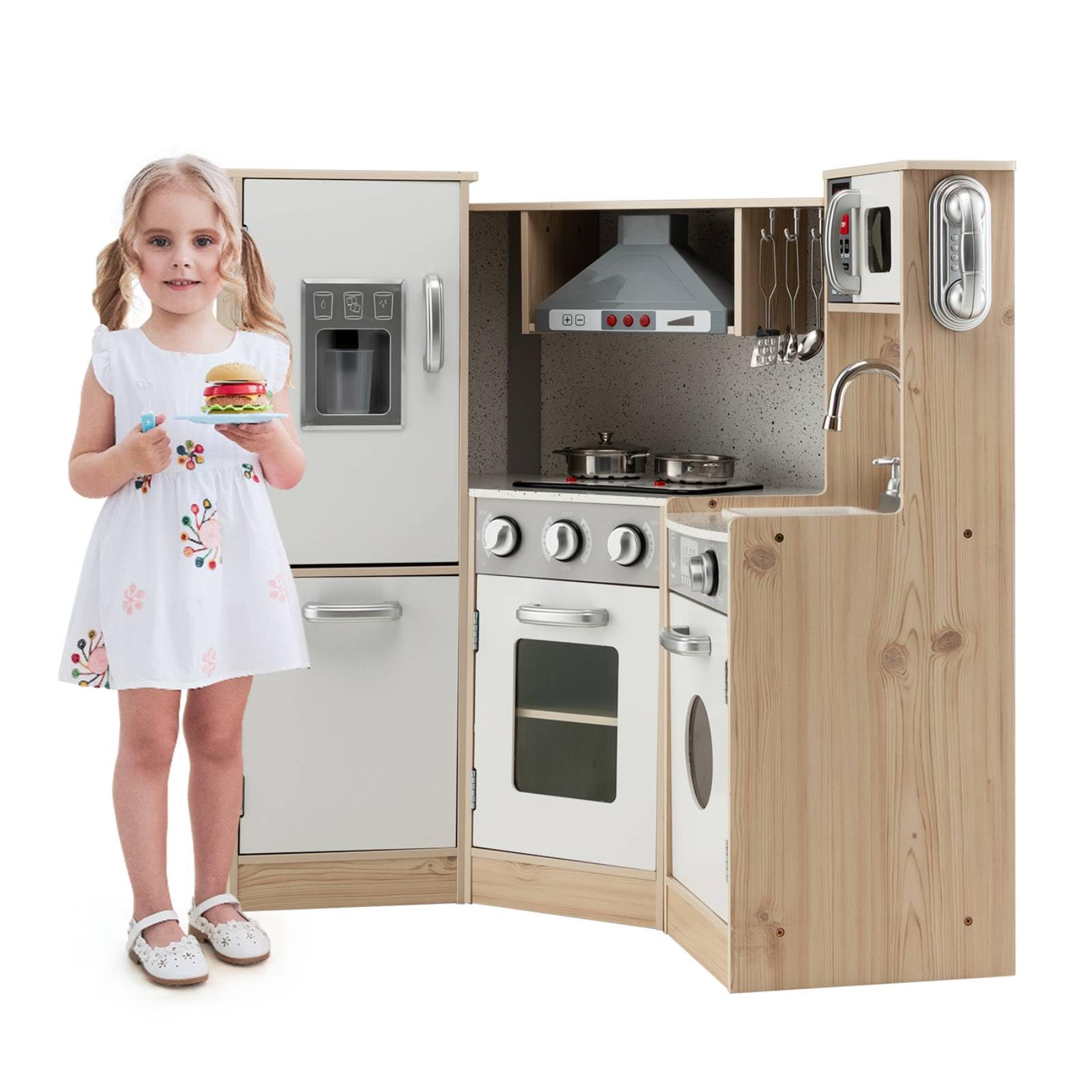 Maxmass Kids Corner Kitchen, Wooden Children Play Kitchen with Light & Sound, Ice Dispenser, Accessory Utensils, Toddler Role Play Cooking Playset for Girls Boys (Natural with Telephone & Range Hood)