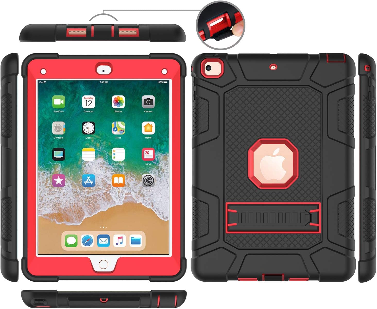 DONWELL Compatible iPad 6th 5th Generation Case, iPad 9.7 inch 2018/2017 Shockproof Defender Protective Cover with Kickstand for iPad 5 iPad 6 Model A1823 A1822 A1893 (Type1- Black/Red)