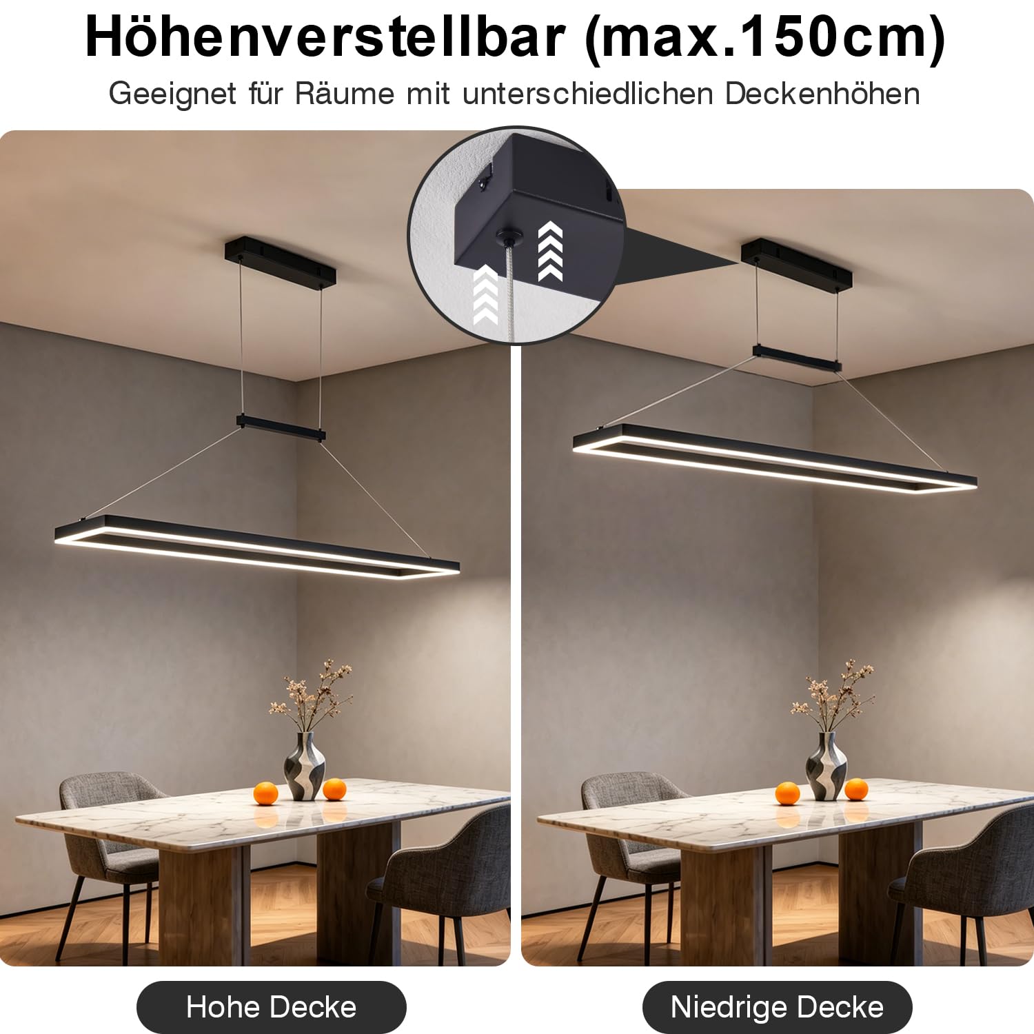 120CM LED Pendelleuchte Esstisch, 52W Dimmbar Hängelampe Esszimmer, Schwarz | Höhenverstellbar, Moderne Rechteckige Hängeleuchte mit Fernbedienung und Memory, Esszimmerlampe Hängend, für Küche Wohnzimmer