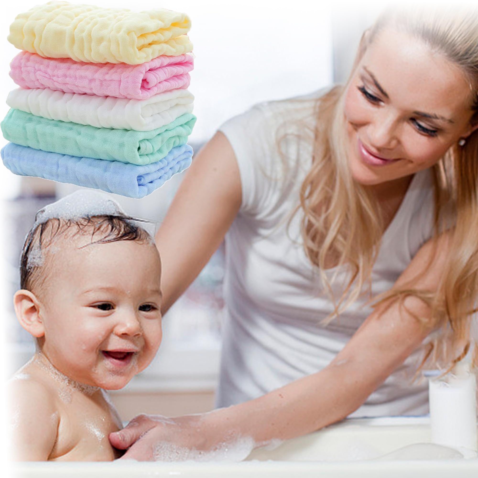YUEMING 5 Pacchi Asciugamani in Mussola per Bambini,30 x 30 cm Asciugamani Neonato, Telo da bagno in cotone,Salviette Soffici Viso Neonati Panno Lavabile Mussola,Regalo per Baby Shower