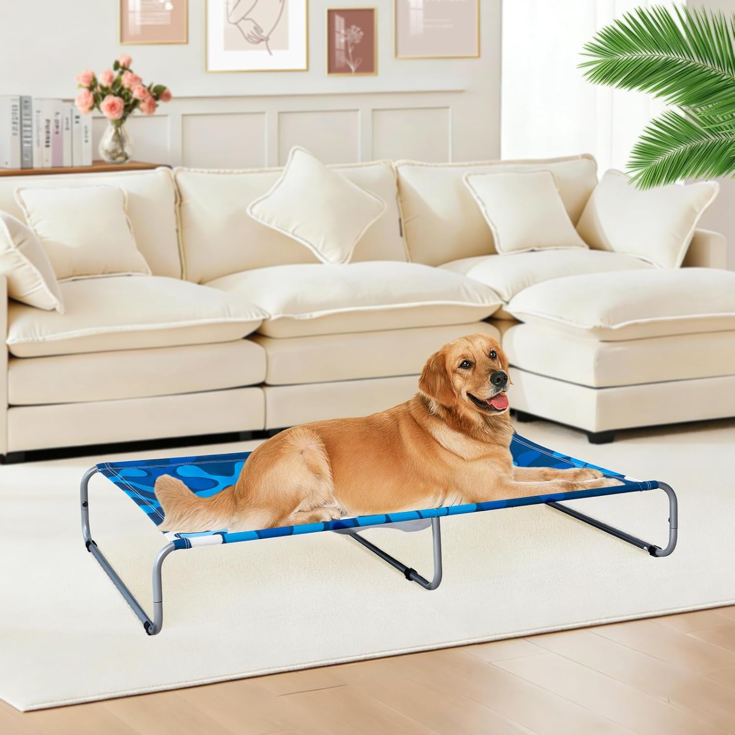 Elevated Dog Bed for Large Dogs 140lb, Breathable Cooling Raised Washable Dog Cot Metal Frame, No-Slip Feet, Polyester Cotton，Pet Bed for Indoor/Outdoor, X-Large, 51 * 31 * 9in, Clover Ocean Blue