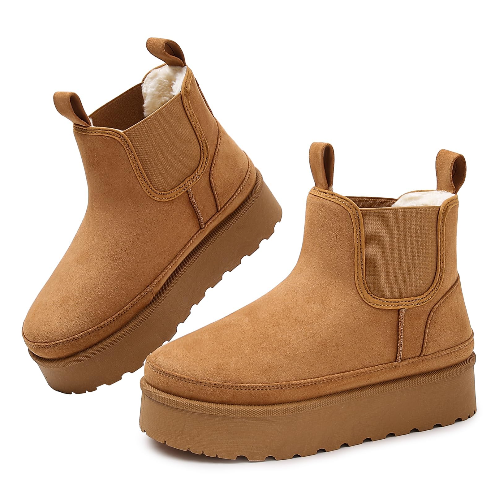 Platform Chelsea Ankle Boots for Women Classic Winter Booties with Faux Fur Slip-On Anti-Slip Outdoor Snow Short Mini