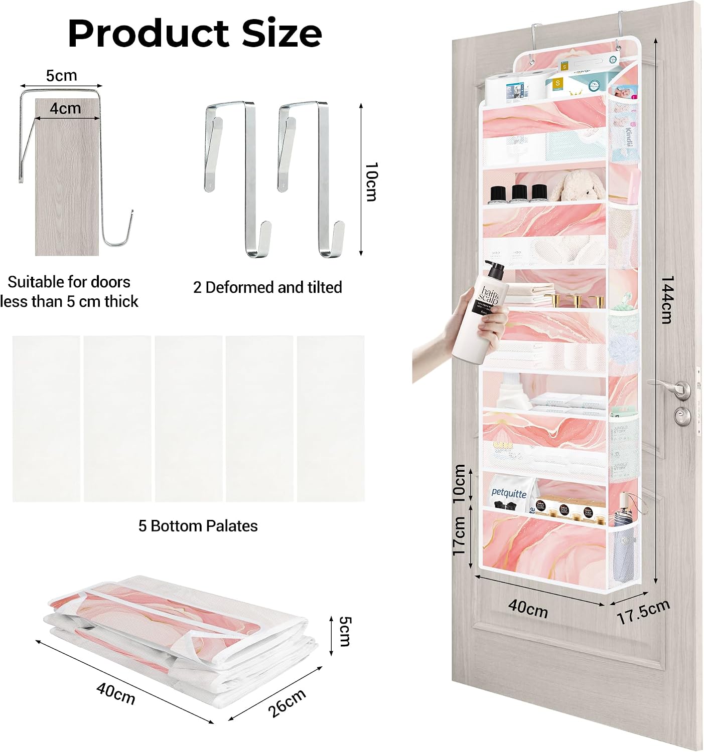 Clastyle Pink Marble Over the Door Organizer with Clear Window Mesh Pocket 44 lbs Weight Capacity Nursery Hanging Shelf for Diaper Toy Closet Door Storage for Bedroom Bathroom Pantry