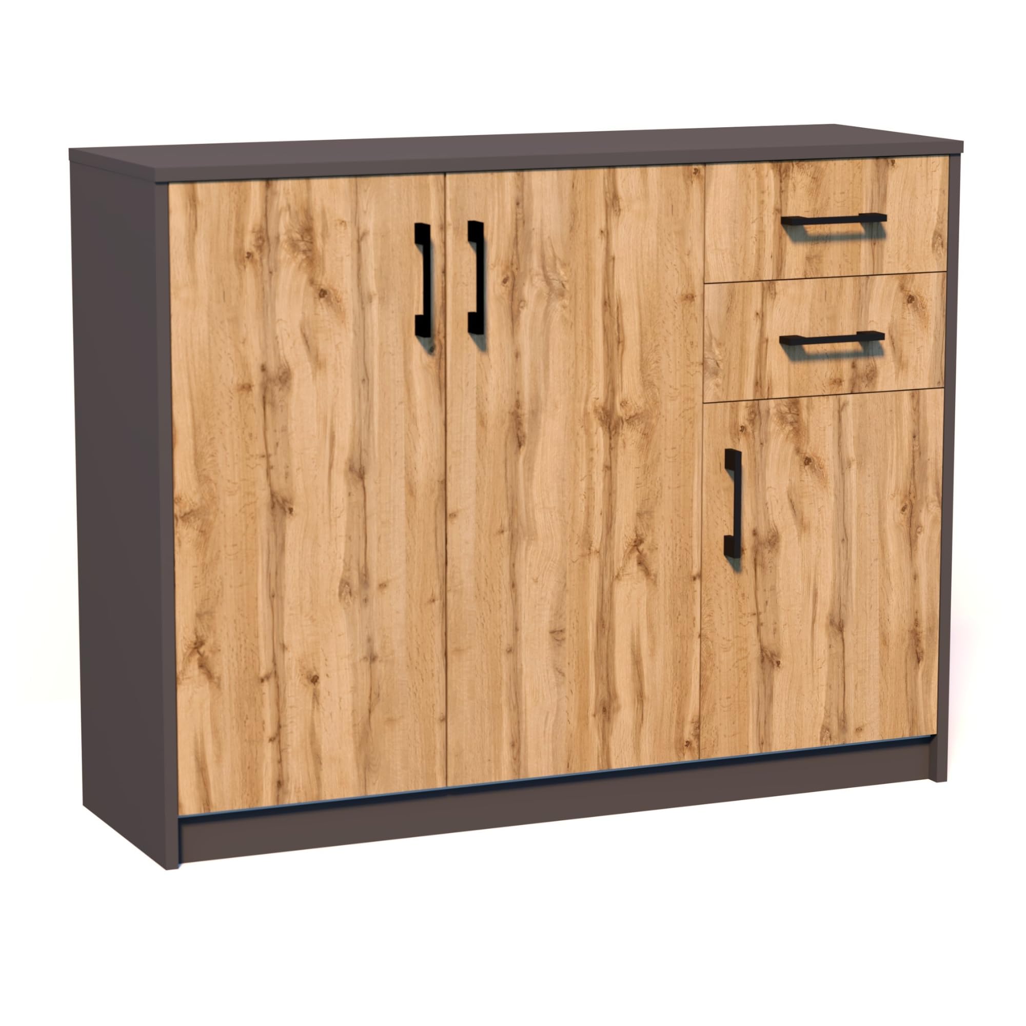 Home Collective Kommode mit 2 Schubladen und 3 Türen in matter Ausführung Kommode 110cm breit mit hochwertigen Polymergriffen Holz Schrank mit Schubladen Aus laminierter Platte gefertigt graphit Eiche