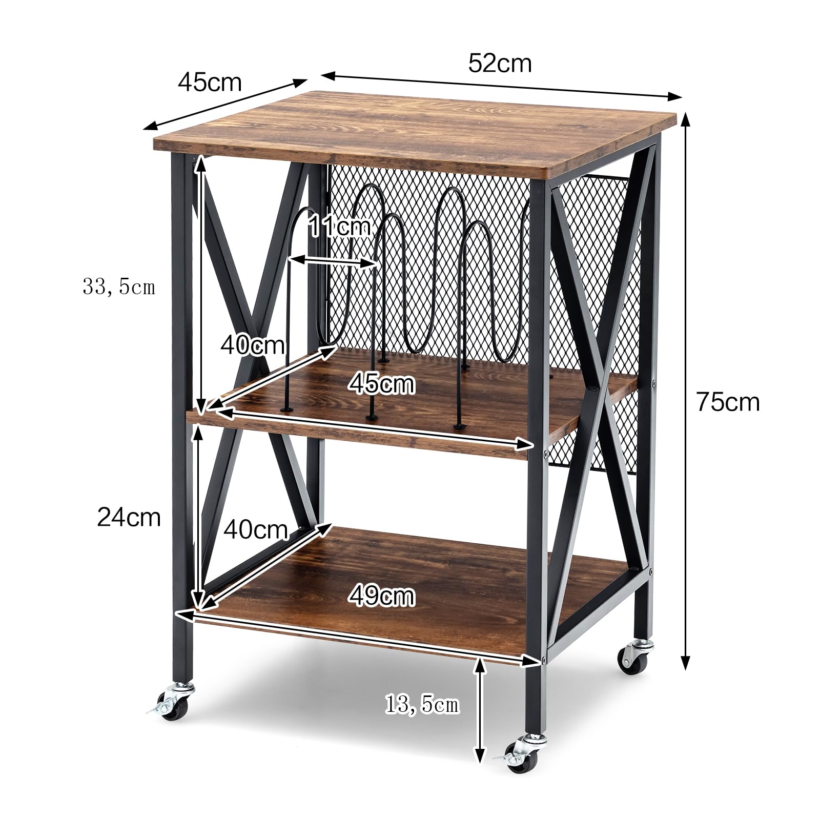 KOMFOTTEU Mueble para Tocadiscos con 4 Ruedas, Mesa para Tocadiscos de 3 Niveles con 3 Divisores, Soporte para Discos de Vinilo para 120 Álbumes, para Oficina, Salón (Marrón, sin Estación de Carga)