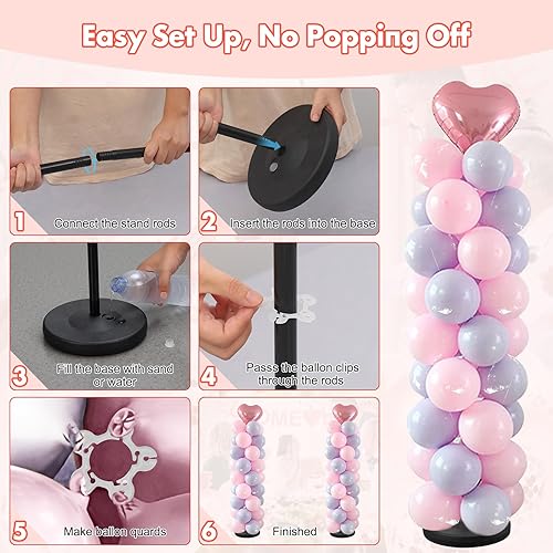 Miniatura 6 de Soporte para globos, juego de 2, 56 pulgadas de altura ajustable, empalme de poste de metal, kit de soporte de arco de columna de globos con base