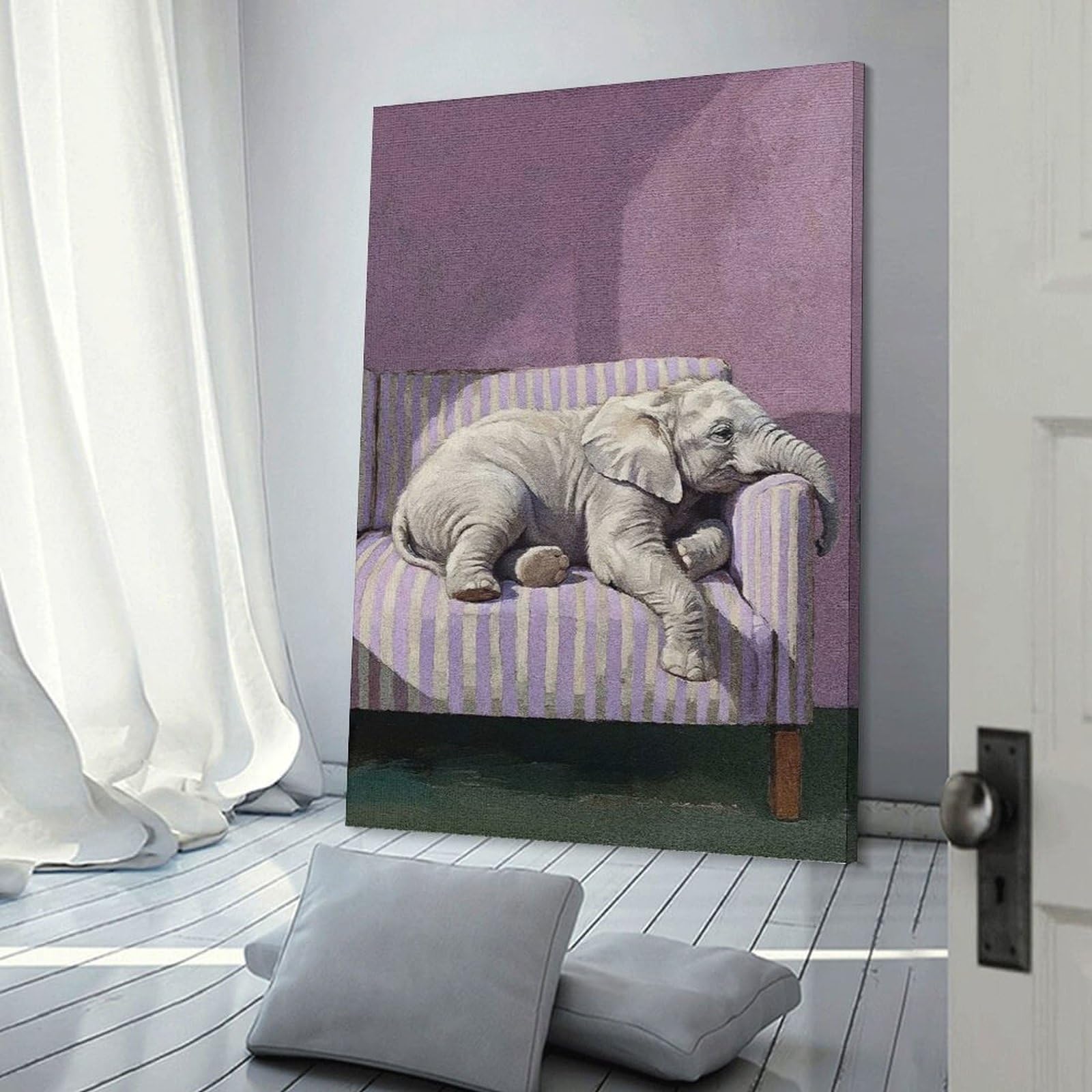 Junmoney Frame-Style-24 Resting Elephant On Striped Couch Canvas Wall Decor 24X36inch(60X90cm), For Study, Office Or Focused Interiors, Wall Art That Adds Style To Work Areas