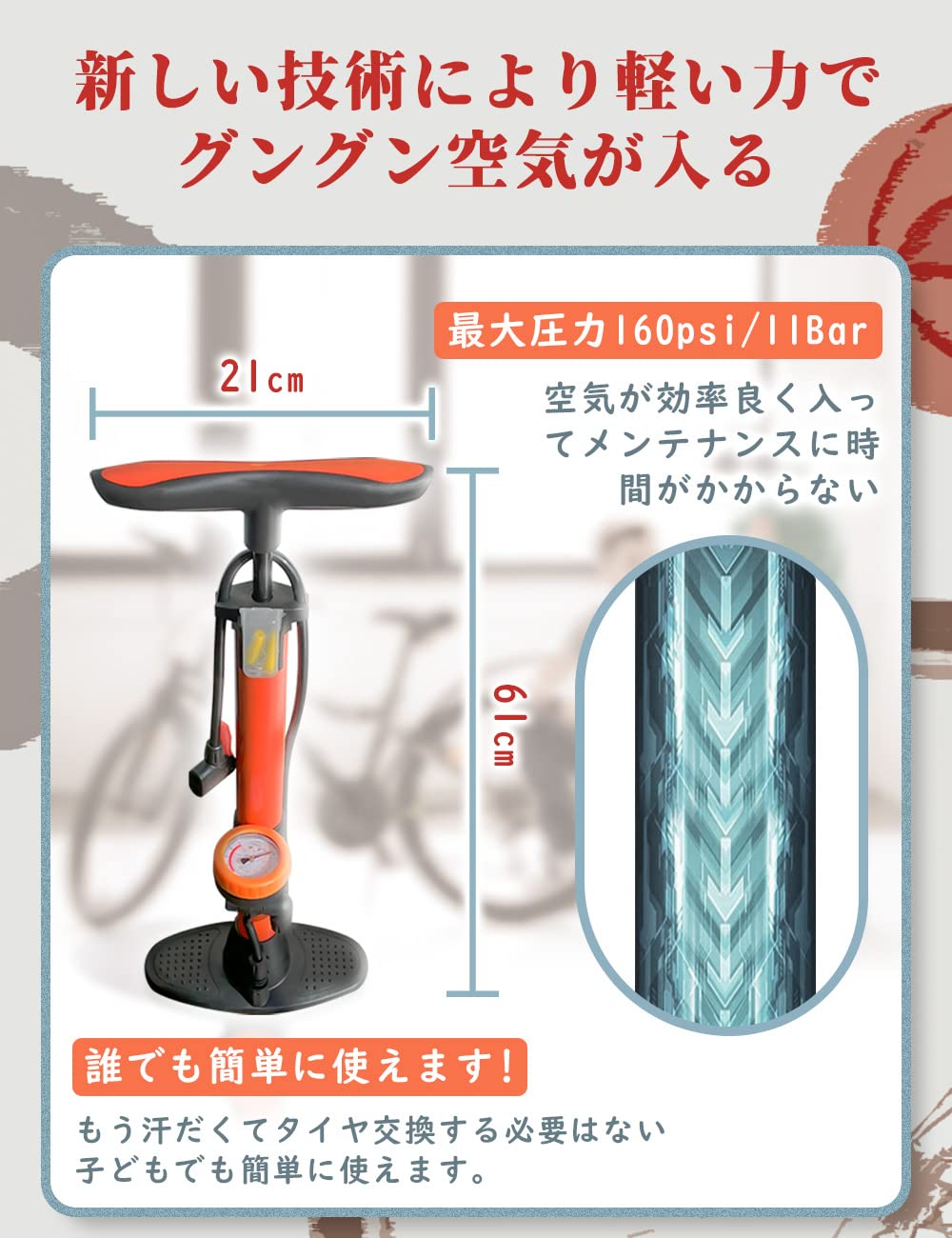 Amazon | 空気入れ 自転車 くうきいれ 160PSI/11Bar 仏式/英式/米式