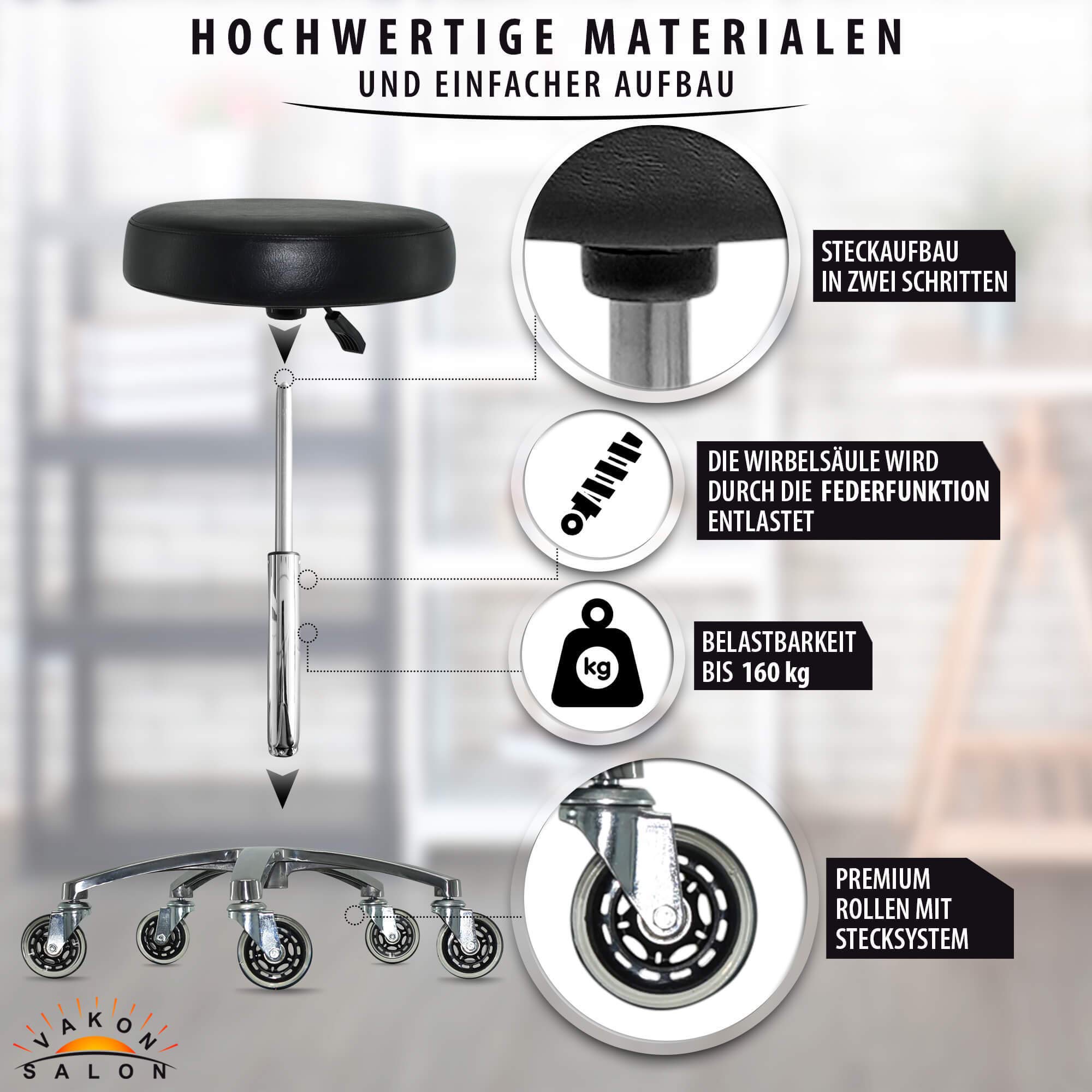 Premium Rollhocker höhenverstellbar von 55 bis 75 cm - Rundsitz - Drehhocker Arbeitshocker Praxishocker