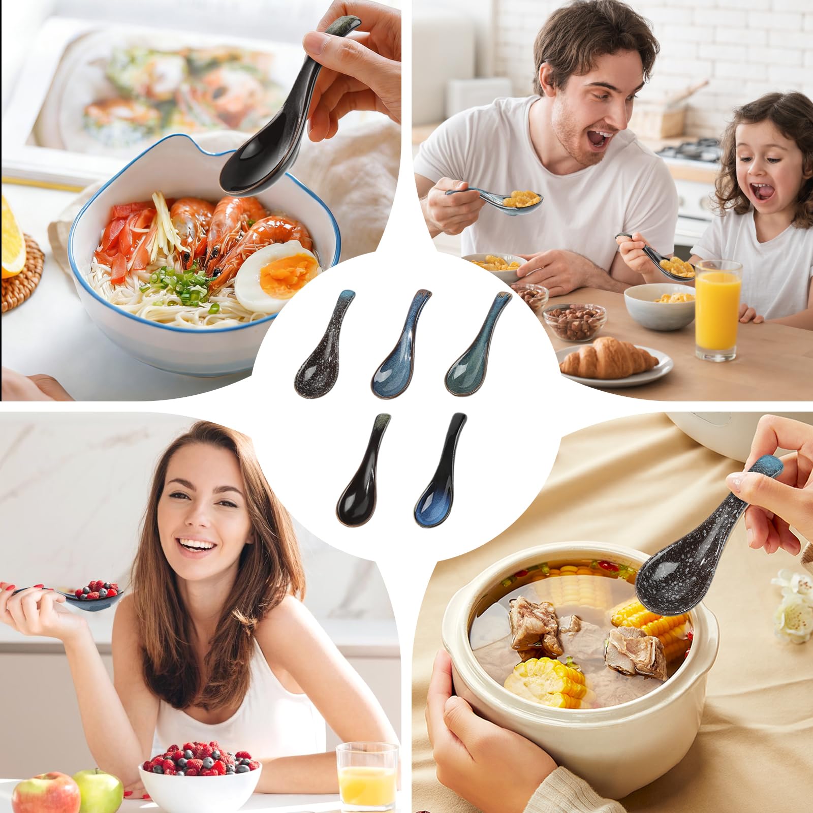 5 Stück Asiatische Suppenlöffel Set,Japanische Art-Blaue Keramik Suppenlöffel,Retro Ramen-Löffel im,Chinesischer Löffel für Suppen,Knödel und Getreide Eintöpfe,Ideal für den Haushalt und das Esszimmer