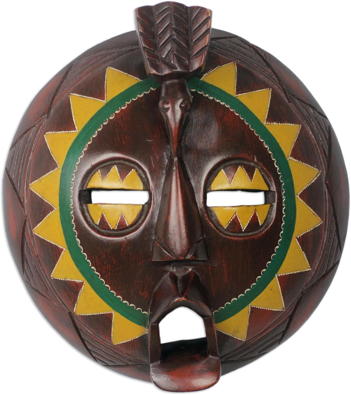 NOVICA Artisan Handmade African Wood Mask Painted Round Sese from Ghana Brown Yellow Masks Ghanaian Bird [13.25in H x 12.5in W x 4.3in D] ' Round Sunflower Man'