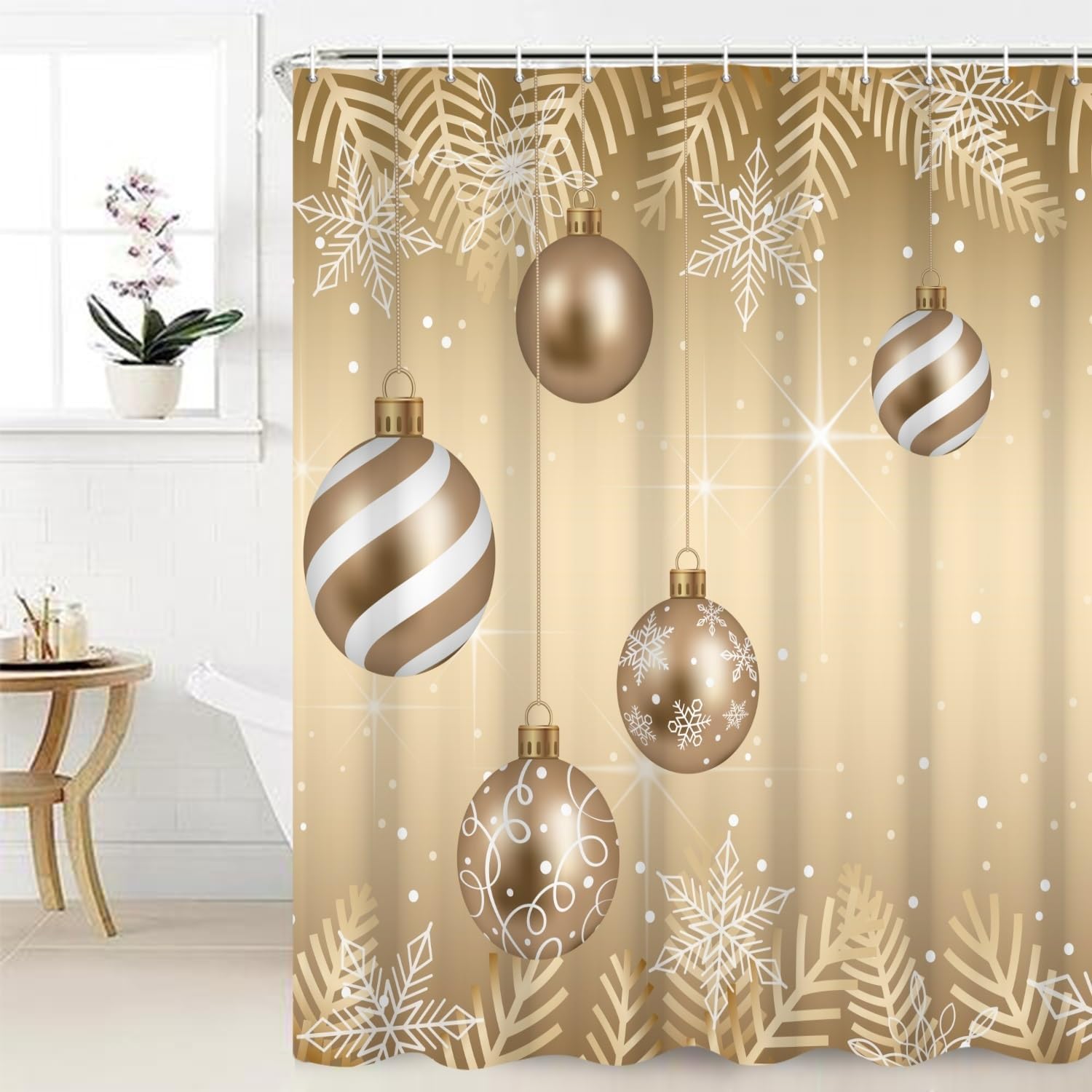 Christmas Themed Shower Curtain Golden Xmas Balls Winter Snowflakes Print Bath Curtains for Luxury Bathroom Accessories with Hooks Waterproof Fabric Home Decor Set, 72x78 Inch